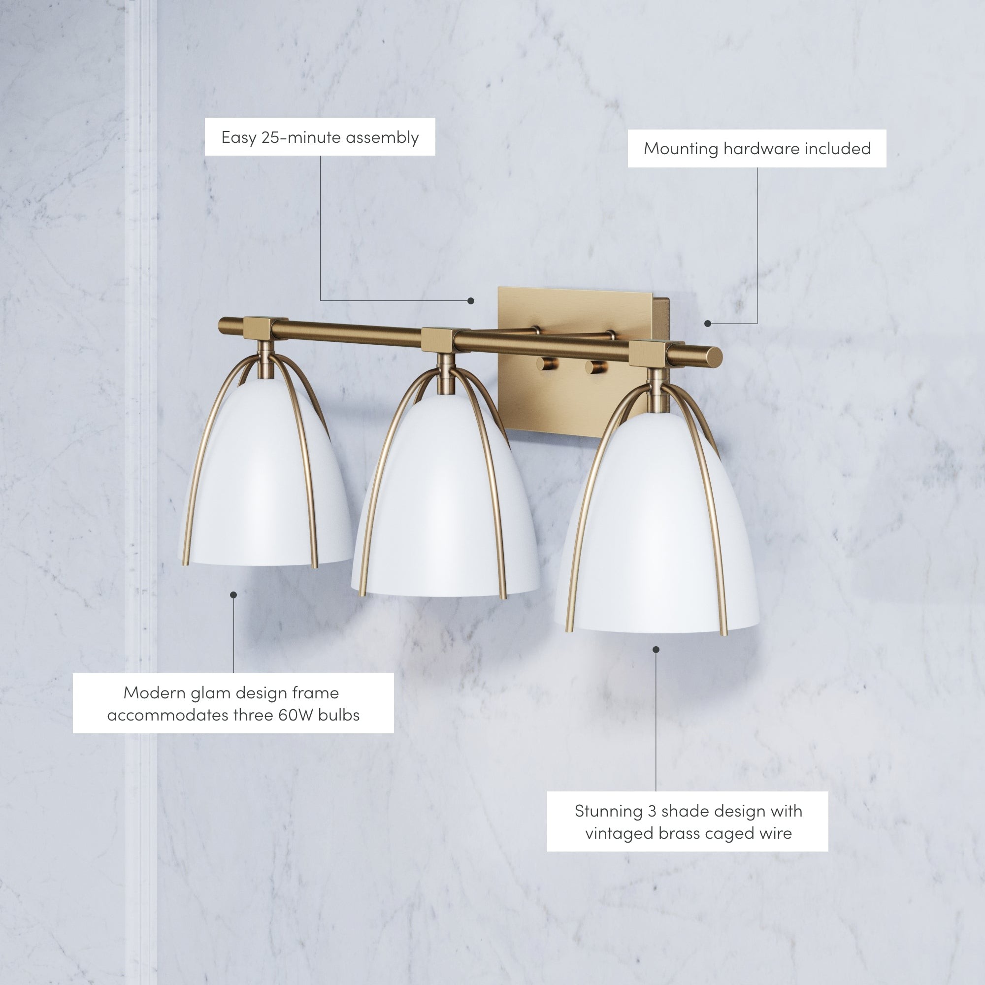 Glyntor 3 Light Metal White Cage Bathroom Vanity Light