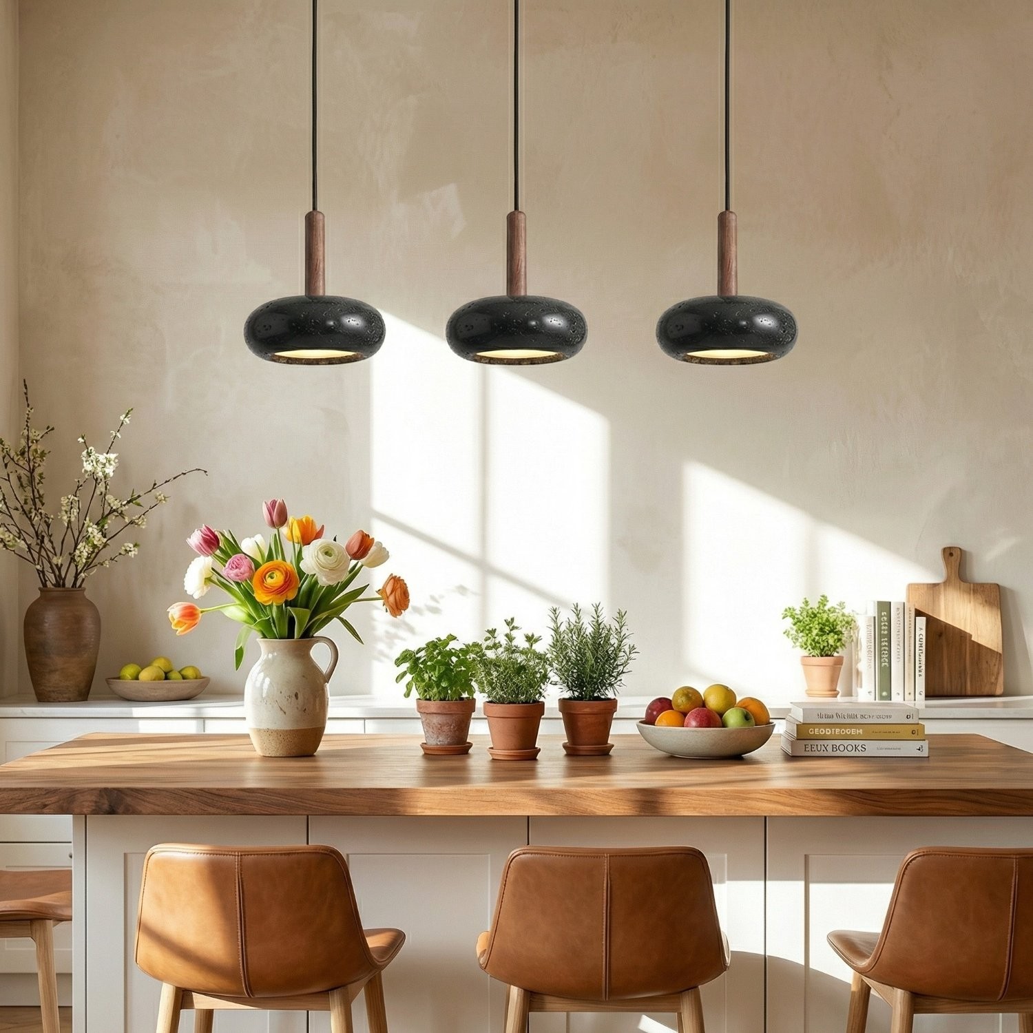 Carver Retro LED Travertine 3 Light Pendant Light