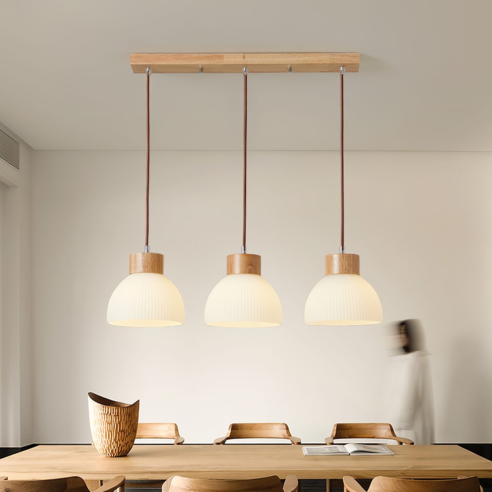 Tyrionth Wood Base 3 Light White Ribbed Glass Shade Pendant Light
