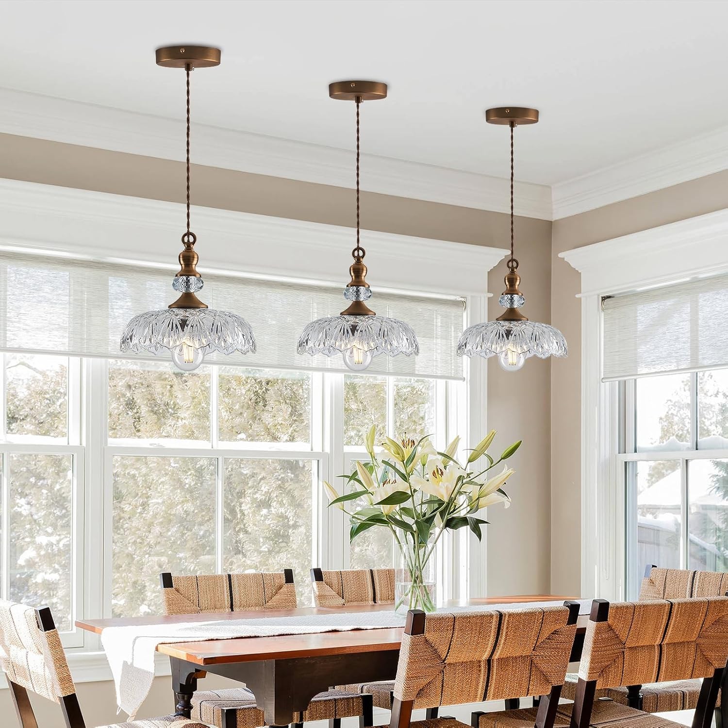 Jaime Antique Brass and Glass Flower Pendant Light