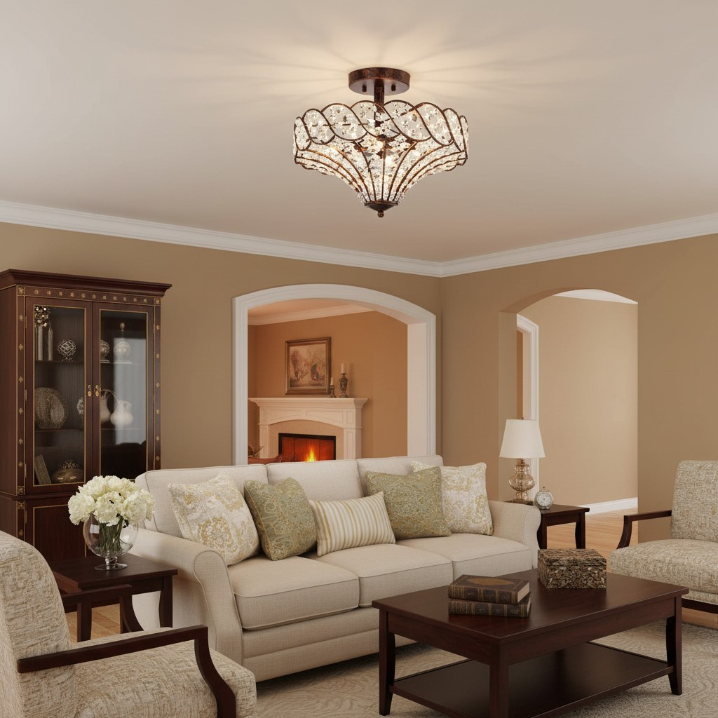 Kim Rustic Bronze 4-Light Crystal Semi-Flush Mount Ceiling Light