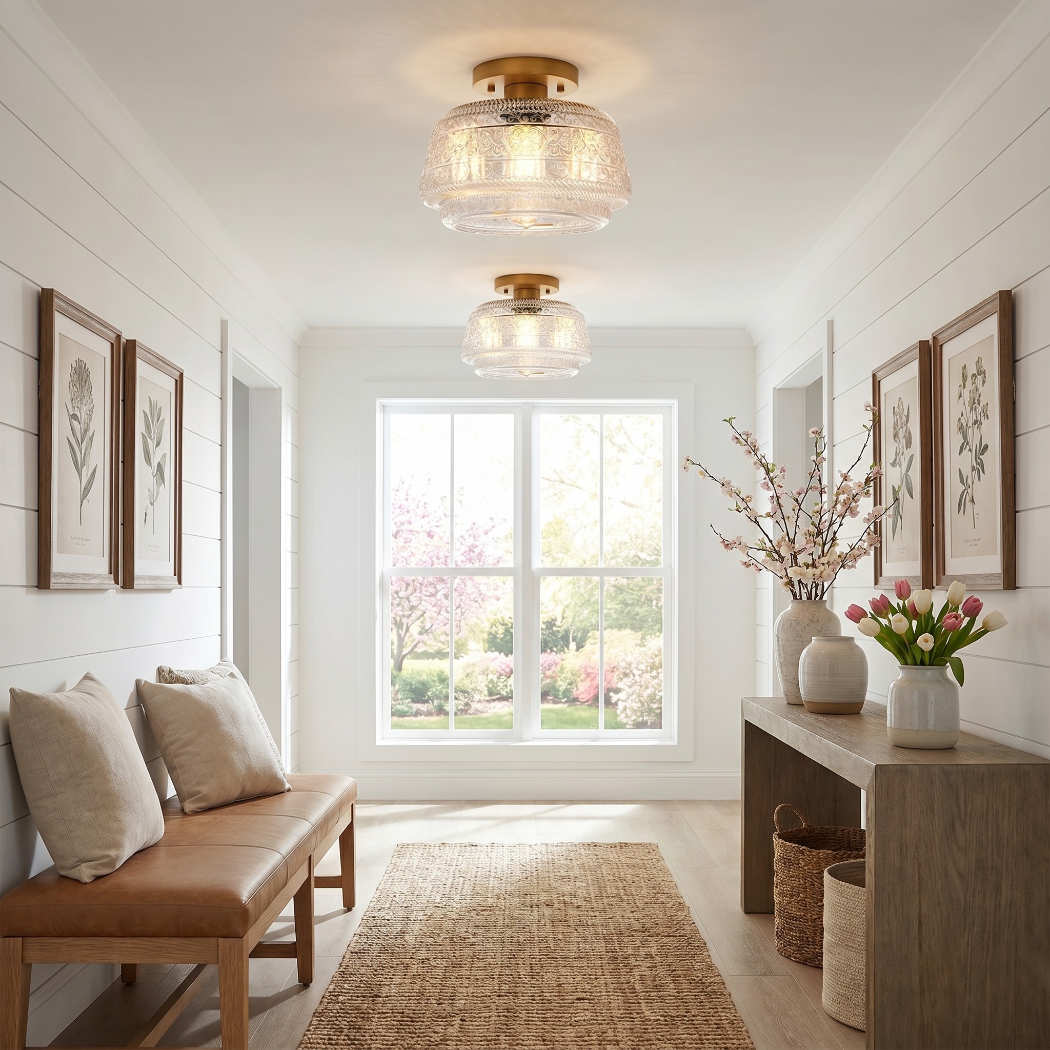 Ixionis Farmhouse Patterned Glass Semi Flush Mount Ceiling Light