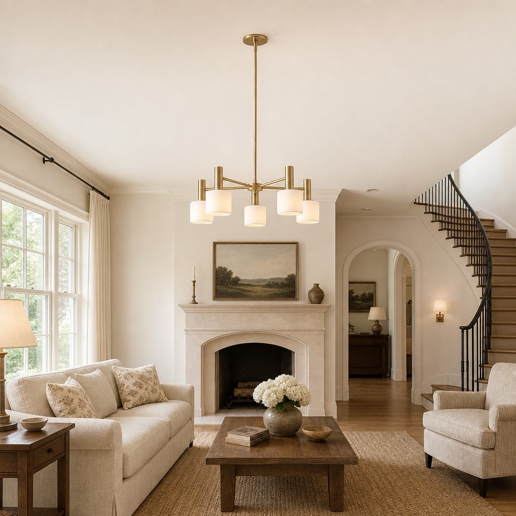 Aura Mid-Century Brass Porcelain Cylinder Chandelier