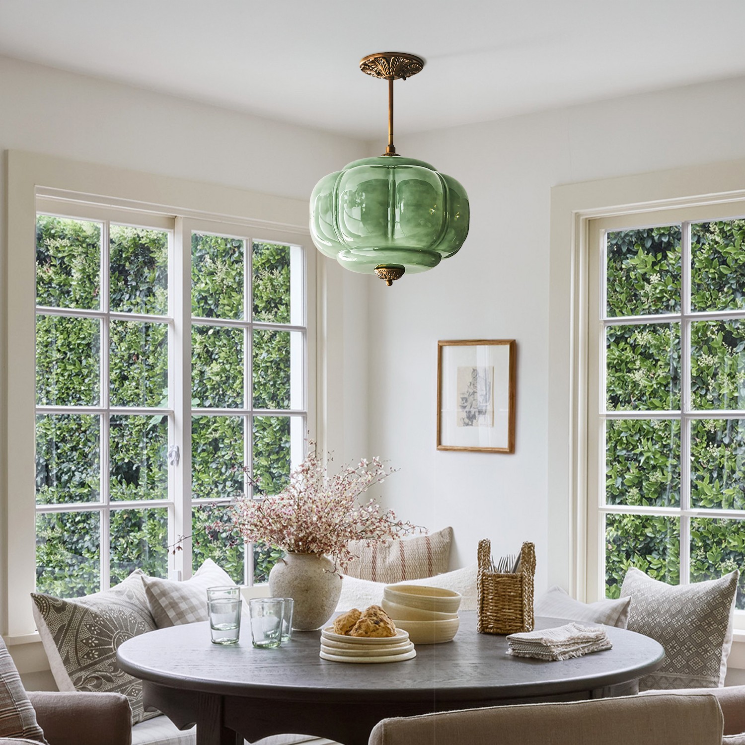 Elegant Eloise Scallop Milk Glass Semi-Flush Mount Ceiling Light - Vintage Brass Frame and Pumpkin Shape