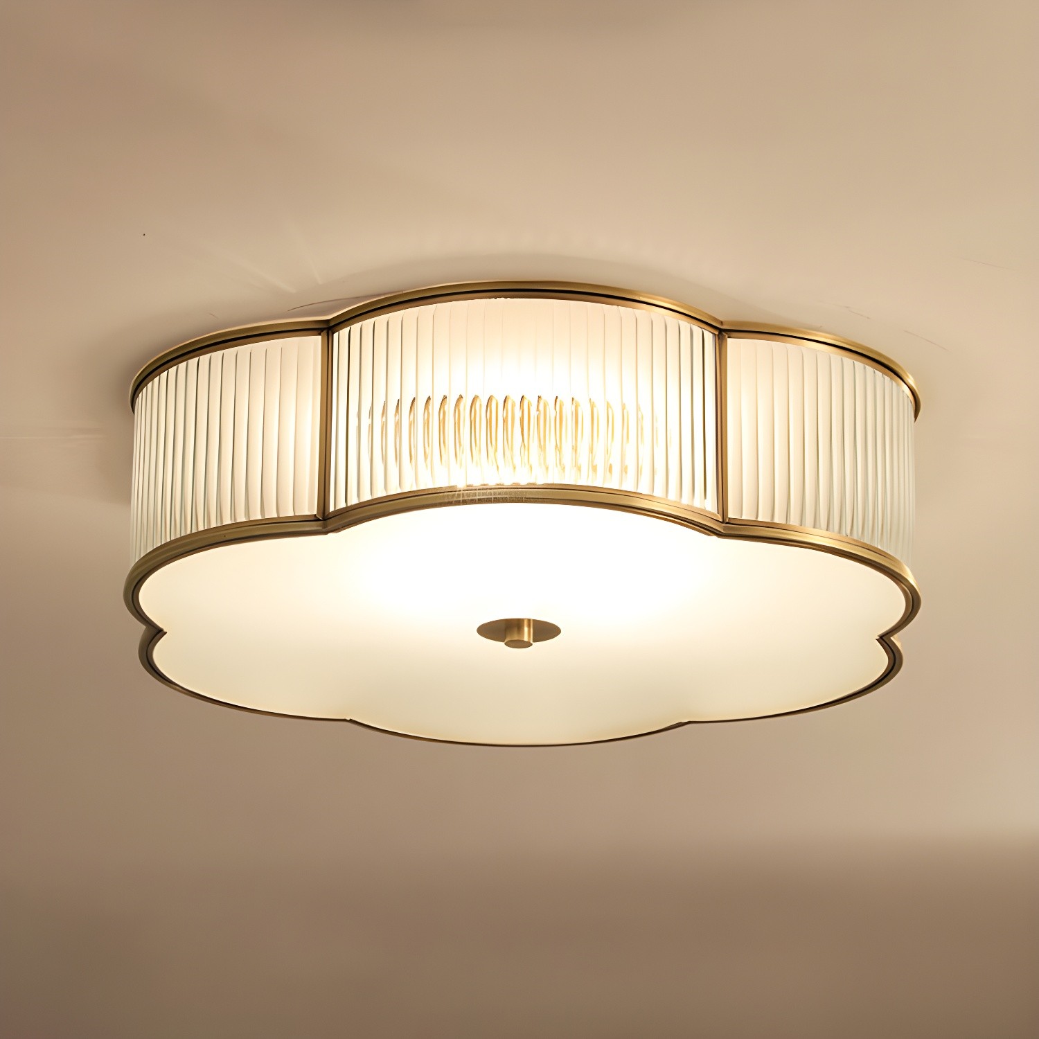 Marcela Traditional Brass Flower Ribbed Glass Ceiling Light