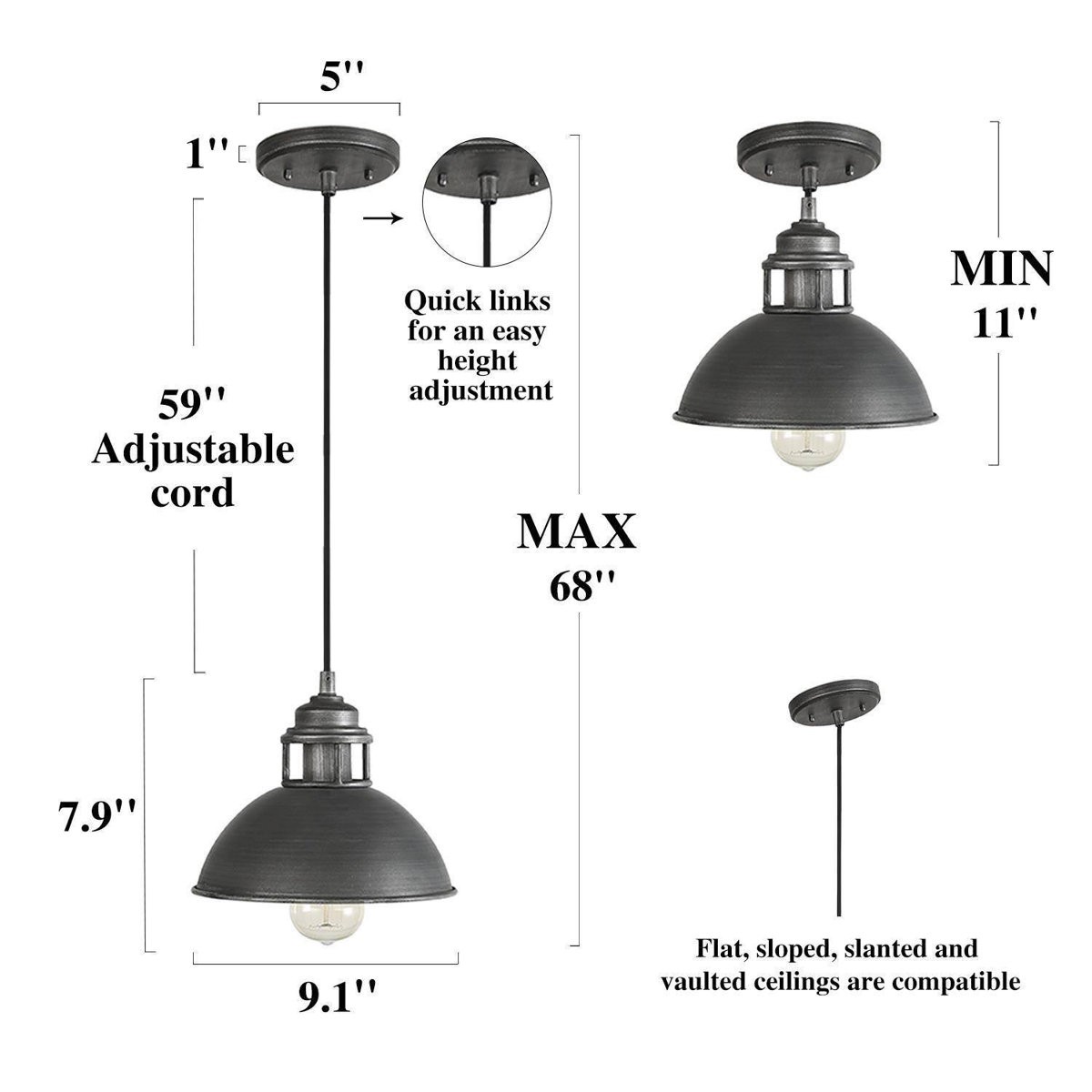 Hendon Industrial Matte Black Wrought Iron Dome Pendant Light