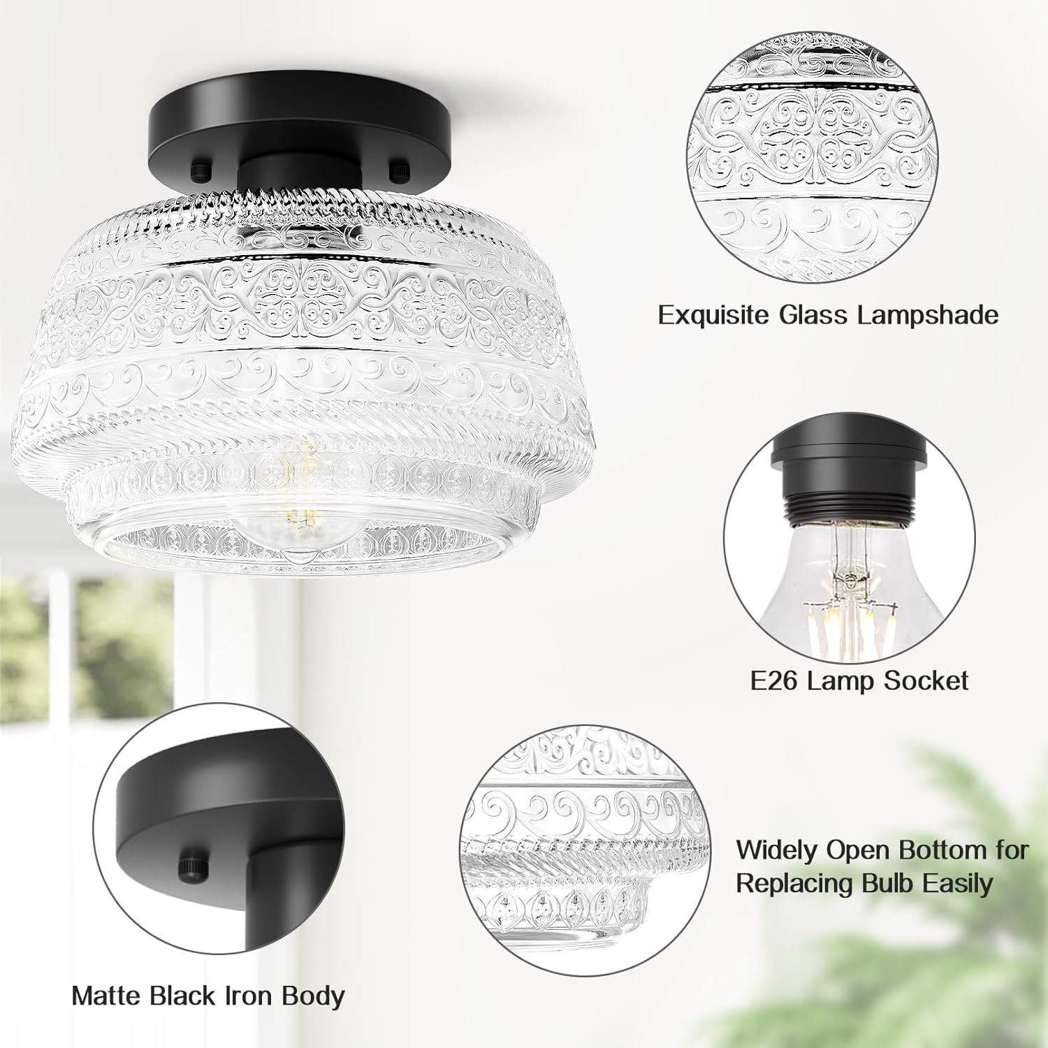 Ixionis Farmhouse Patterned Glass Semi Flush Mount Ceiling Light
