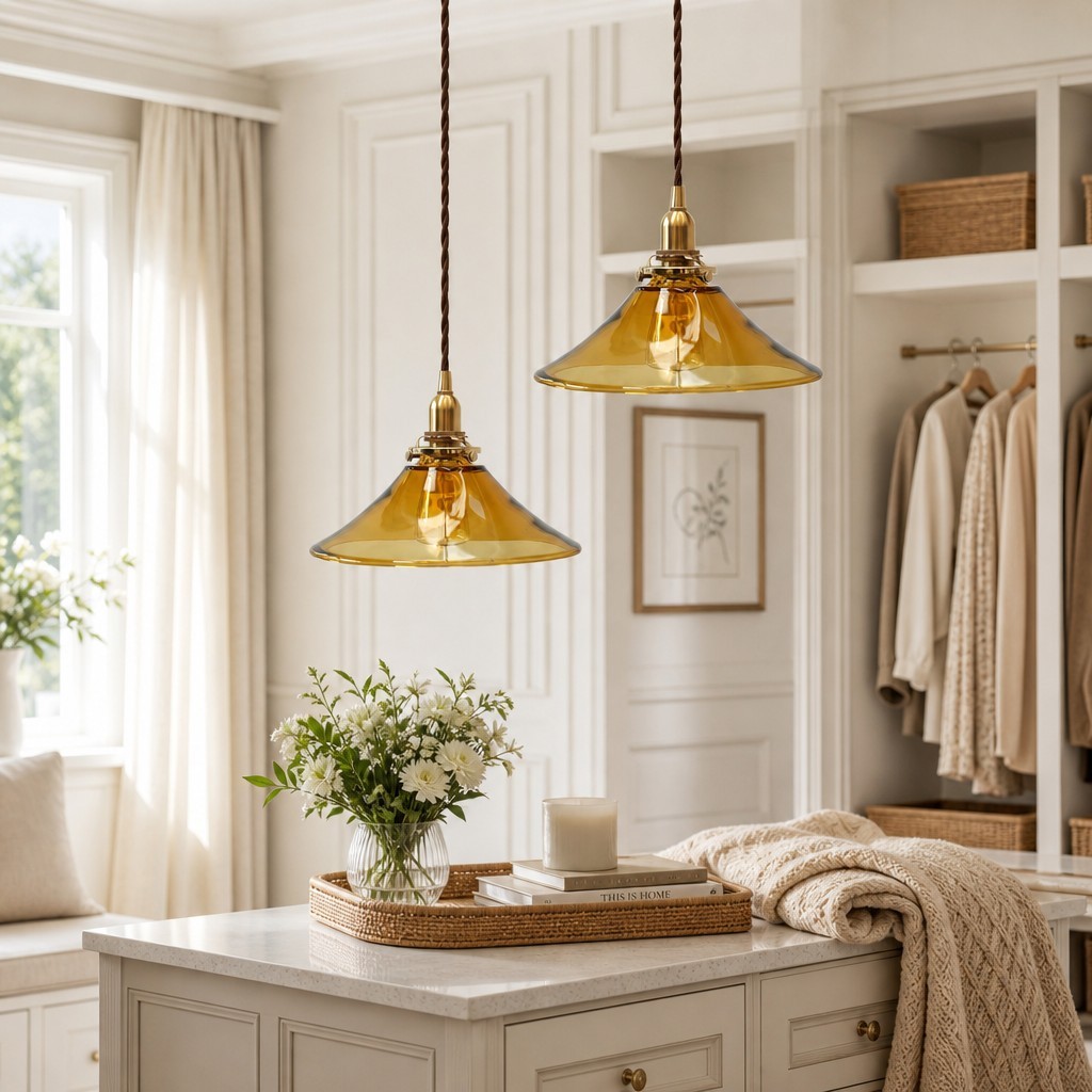 Vythar Retro Brass Cone Amber Glass Pendant Light