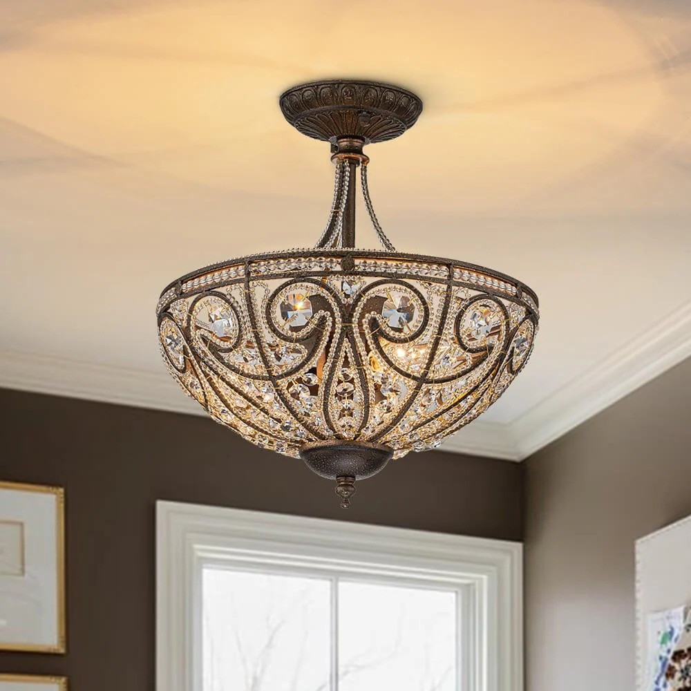 Ive Vintage Bronze Bowl 3-Light Crystal Semi Flush Ceiling Light