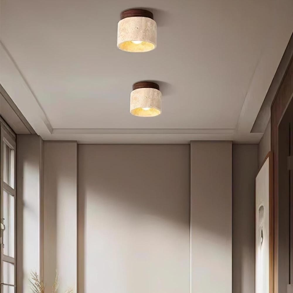 Wiktora Natural Cylindrical Travertine Wooden Ceiling Light