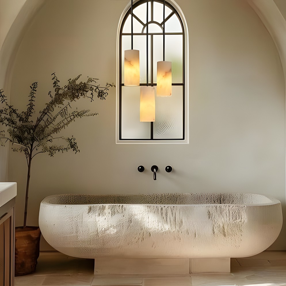 Modern Hand Carved Alabaster Cylinder Pendant Light