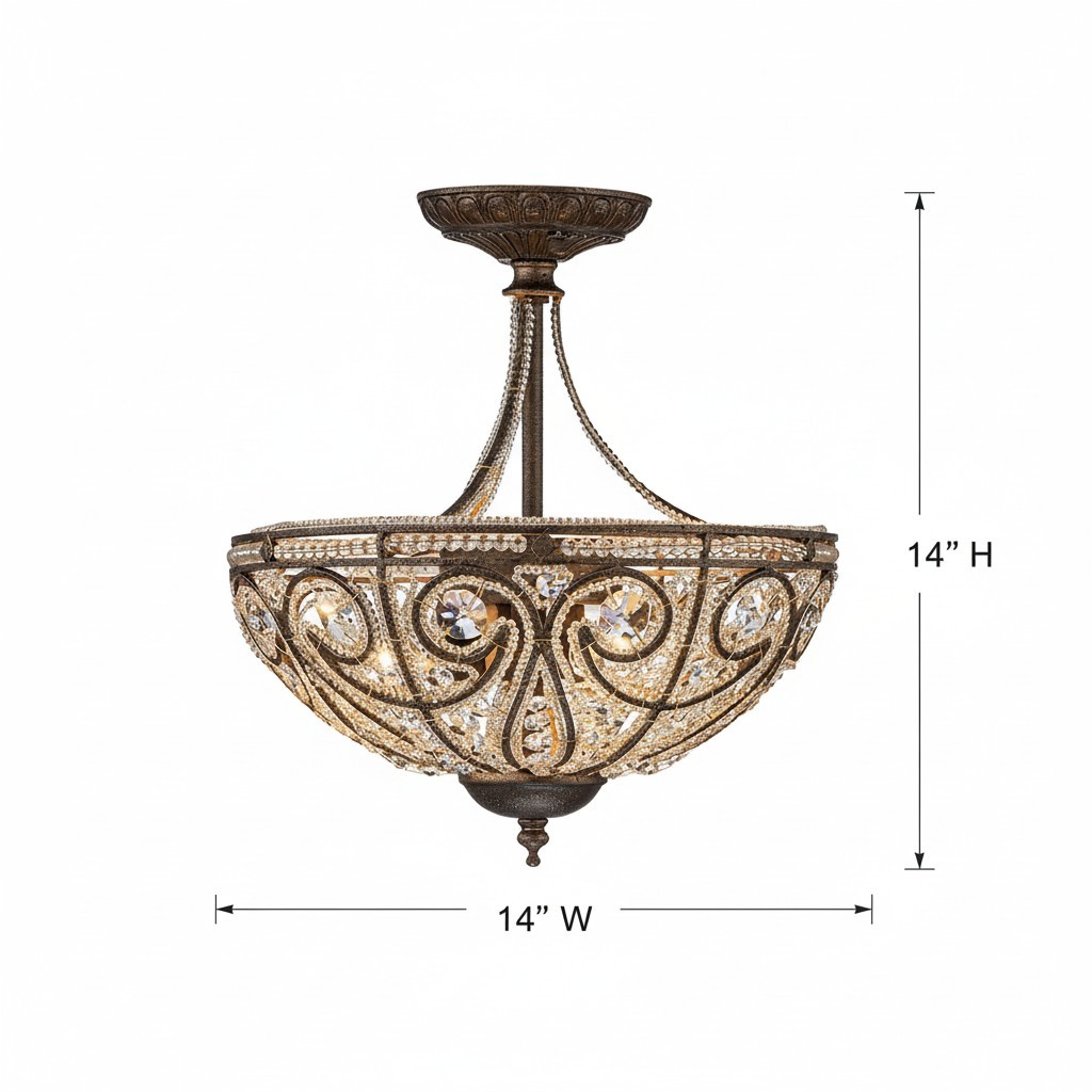 Ive Vintage Bronze Bowl 3-Light Crystal Semi Flush Ceiling Light