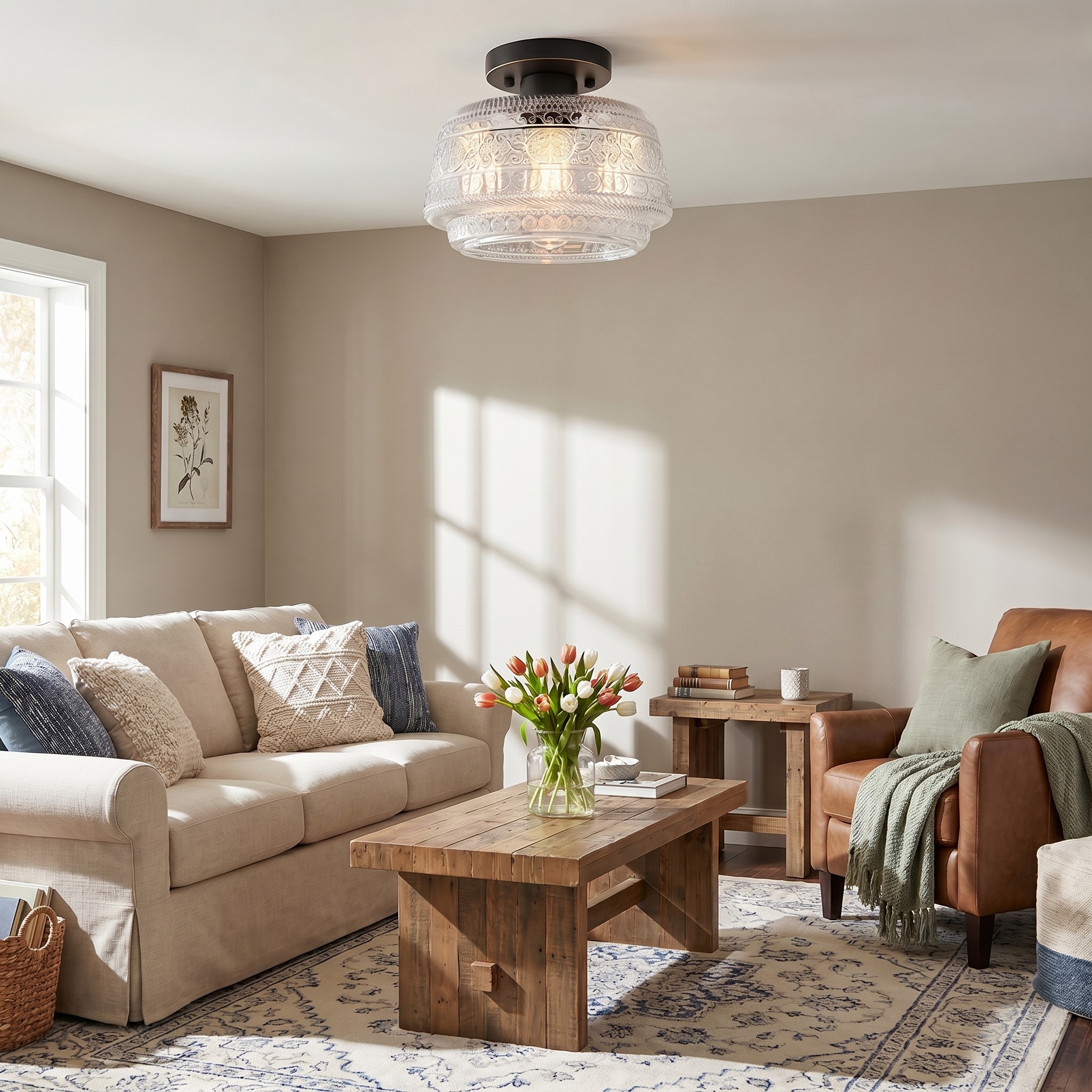 Ixionis Farmhouse Patterned Glass Semi Flush Mount Ceiling Light