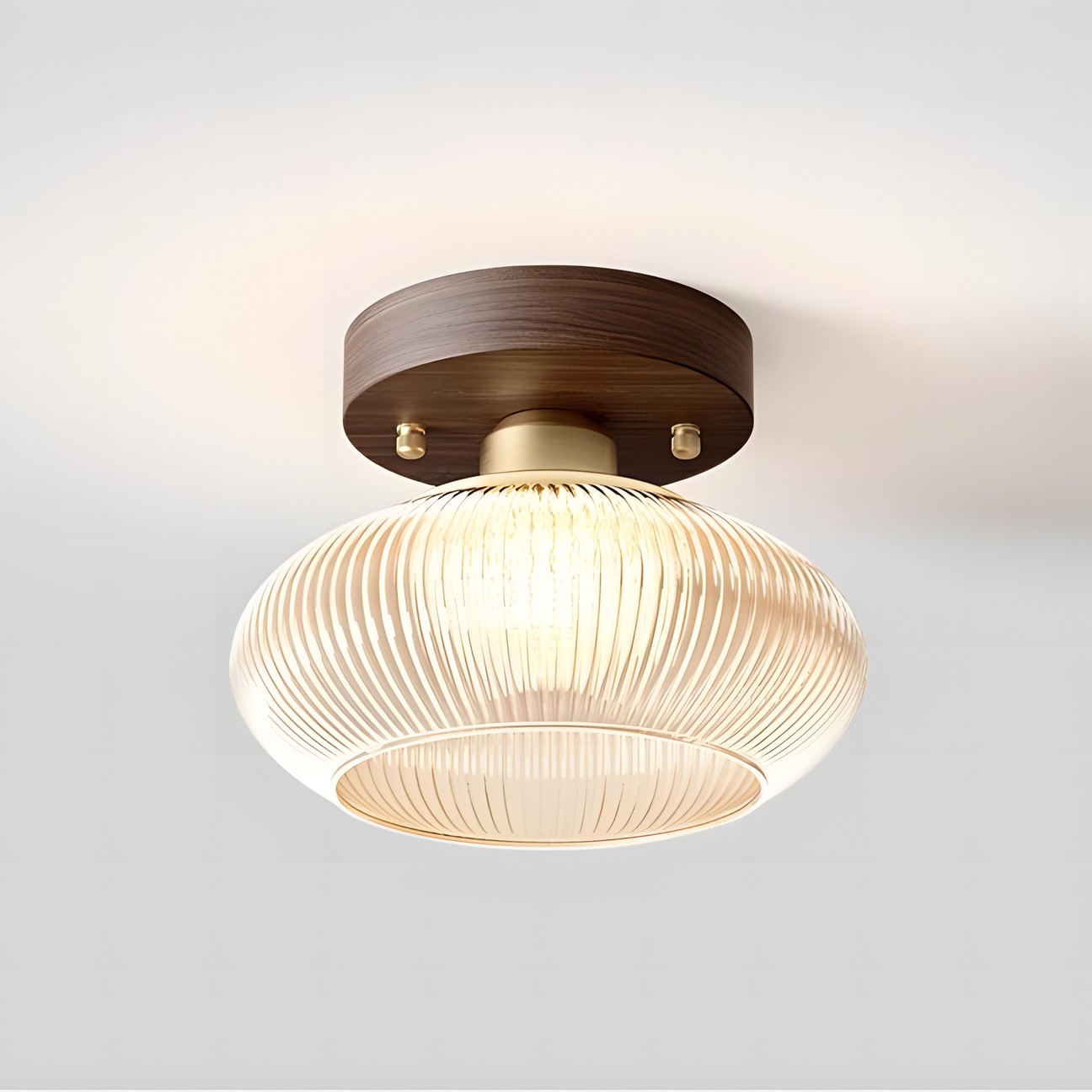 Caspian Retro Led Walnut Base Amber Fluted Glass Ceiling Light