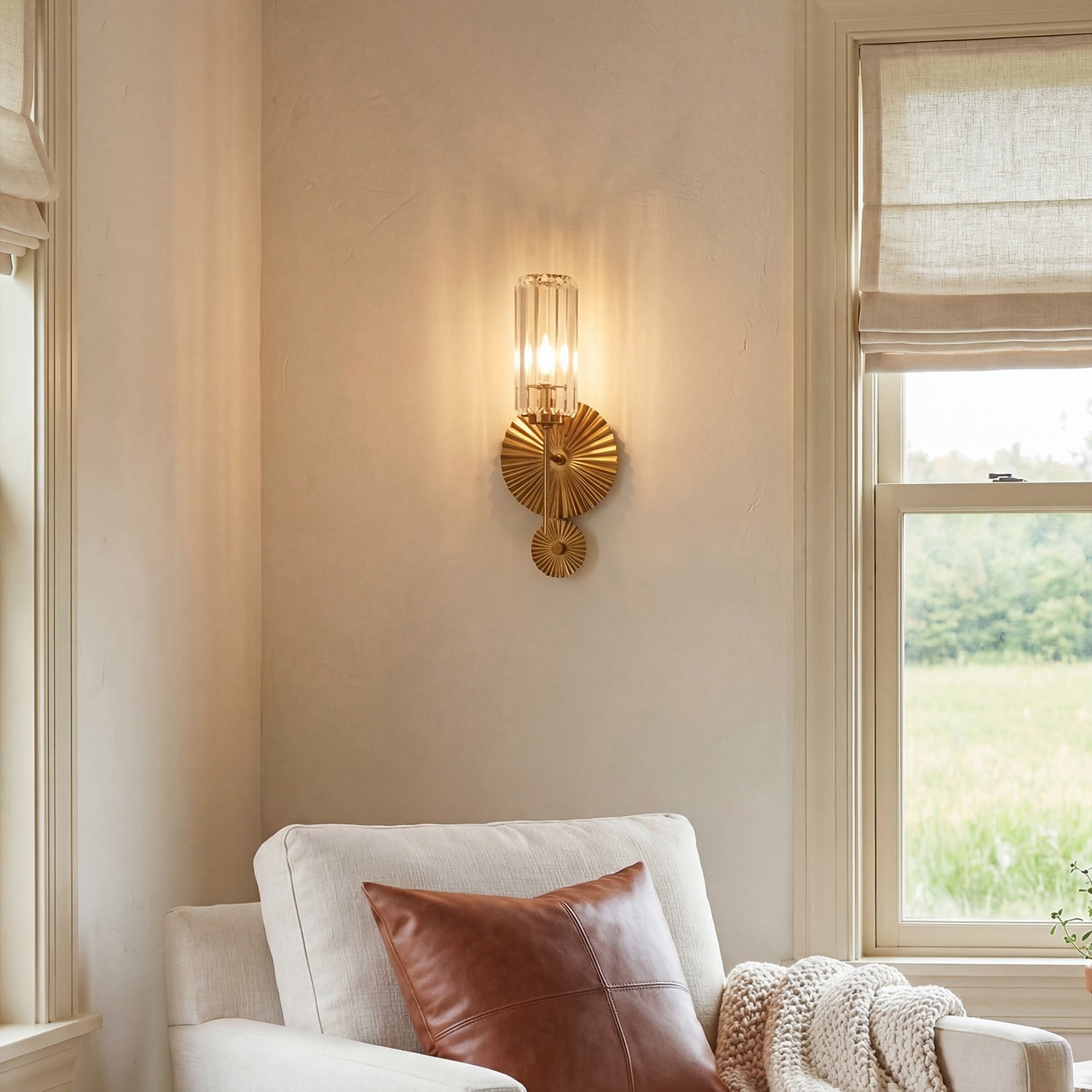 Solstice Brushed Brass Crystal Ribbed Glass Wall Sconce