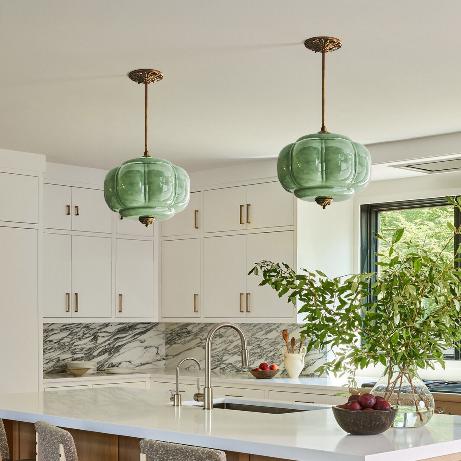 Elegant Eloise Scallop Milk Glass Semi-Flush Mount Ceiling Light - Vintage Brass Frame and Pumpkin Shape