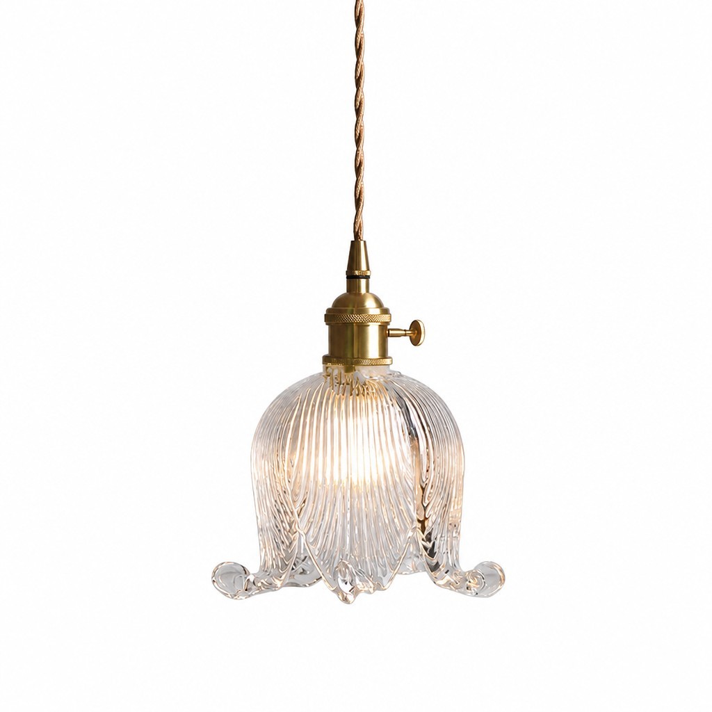 Fawen Retro Floral  Ribbed Glass Shade Pendant Light