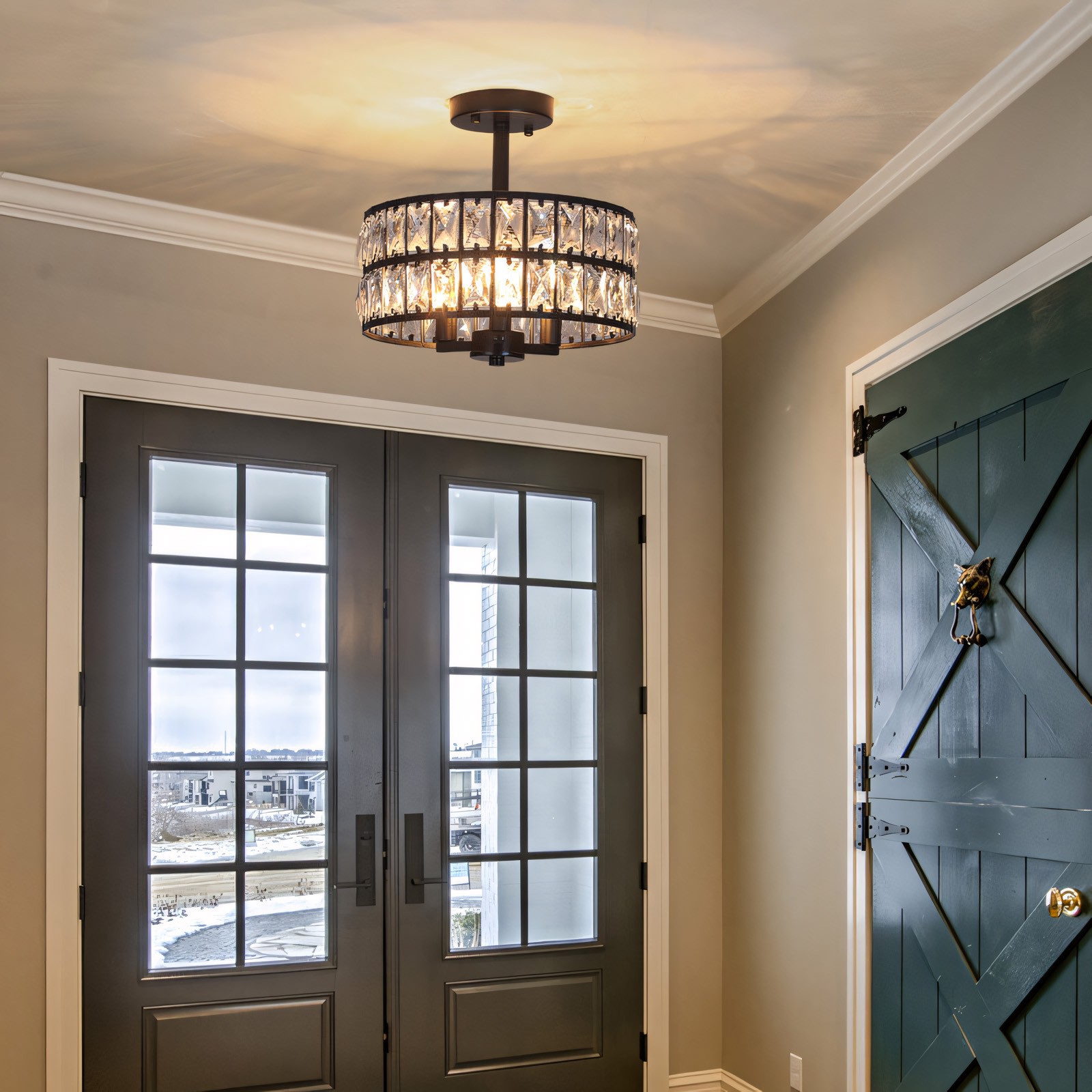 Parnika Luxury Carved Crystal Drum Semi Flush Chandelier