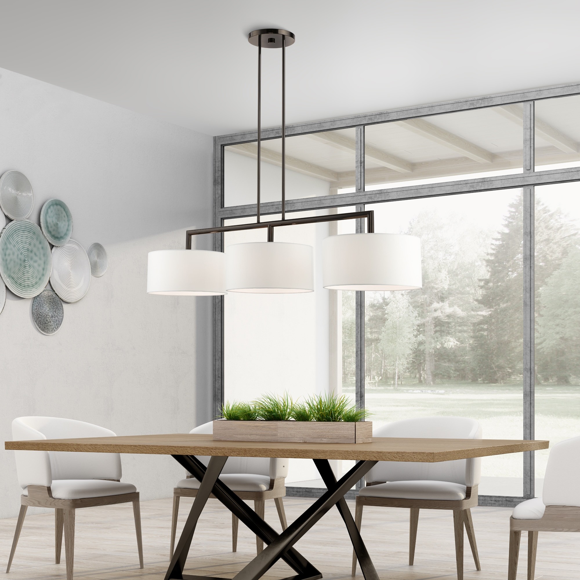 Glythar Black 3 Light White Fibric Drum Shades Linear Chandelier