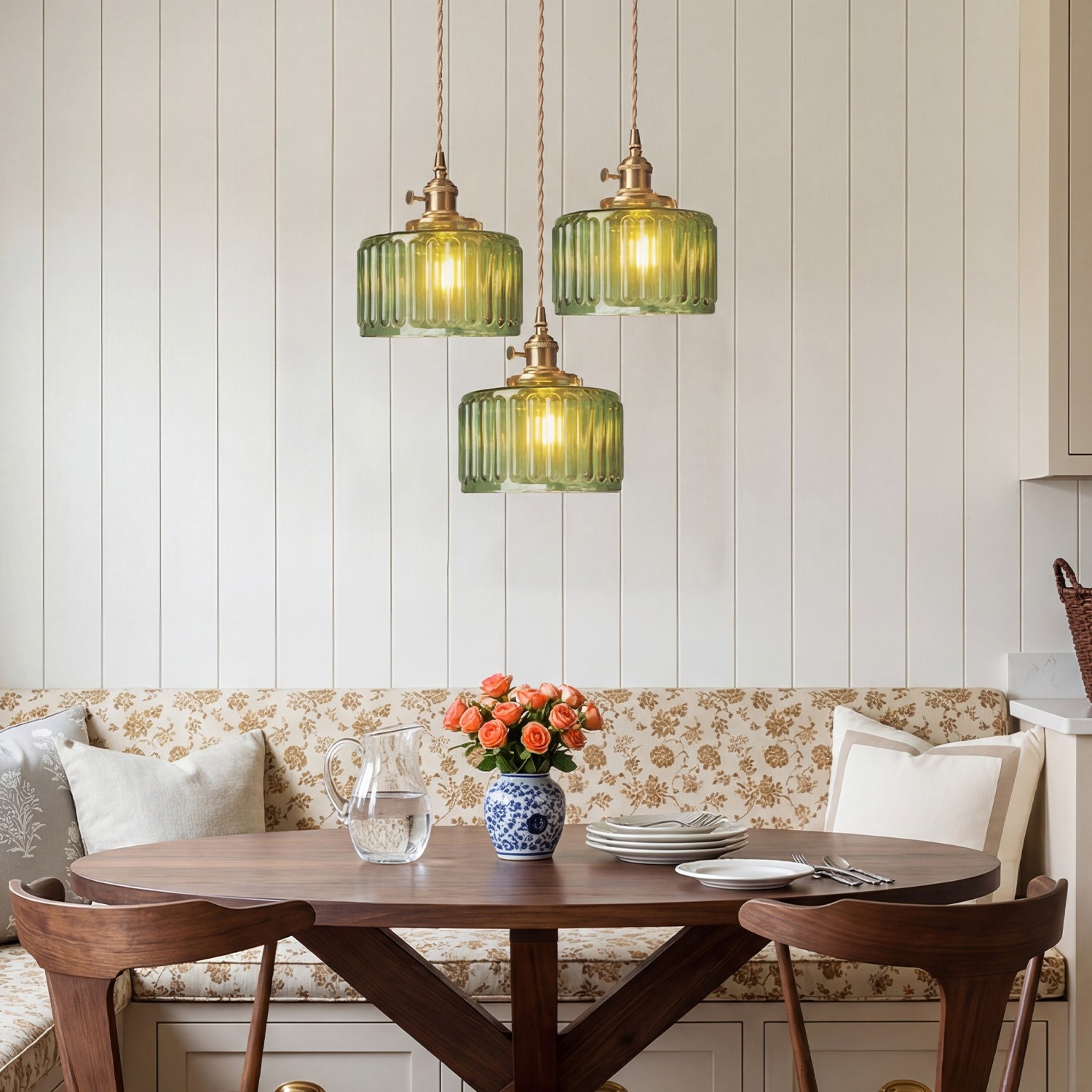 Zavier Vintage Cylinder Wave Pattern Glass Shade Pendant Chandelier