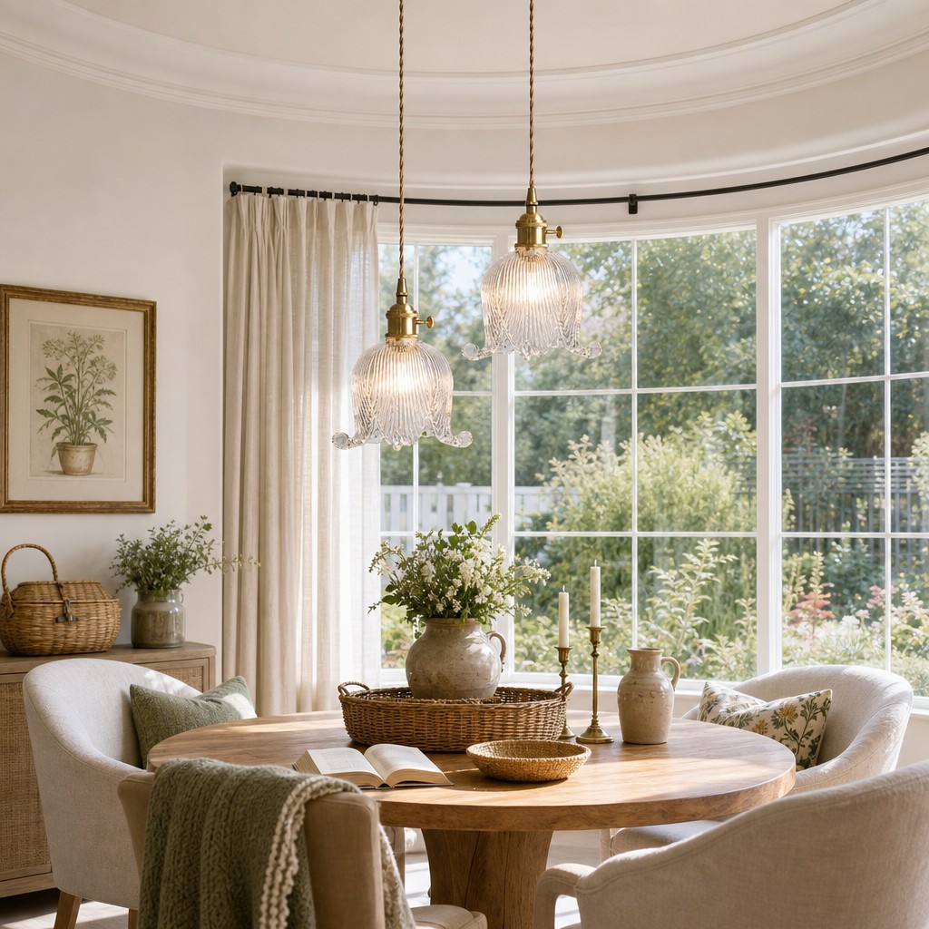 Fawen Retro Floral  Ribbed Glass Shade Pendant Light
