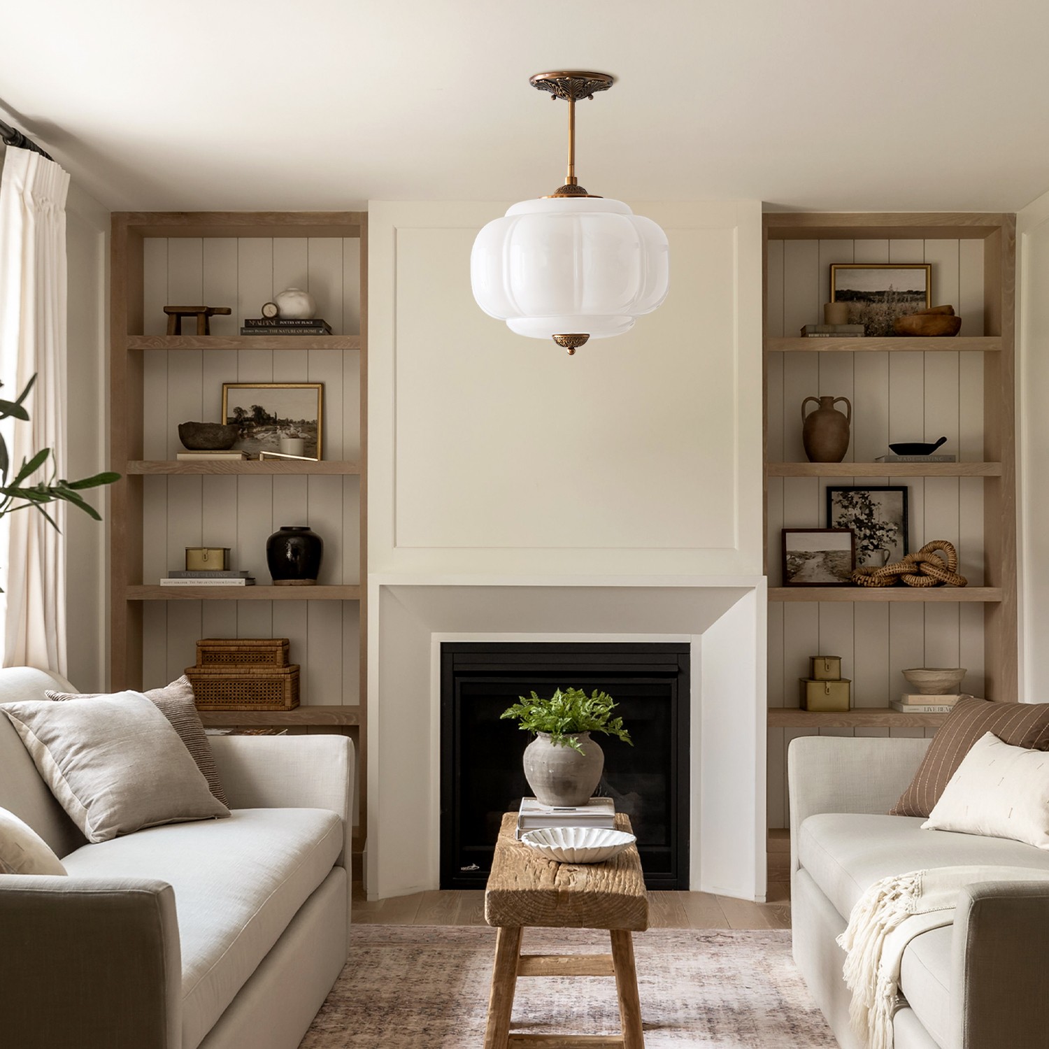 Elegant Eloise Scallop Milk Glass Semi-Flush Mount Ceiling Light - Vintage Brass Frame and Pumpkin Shape