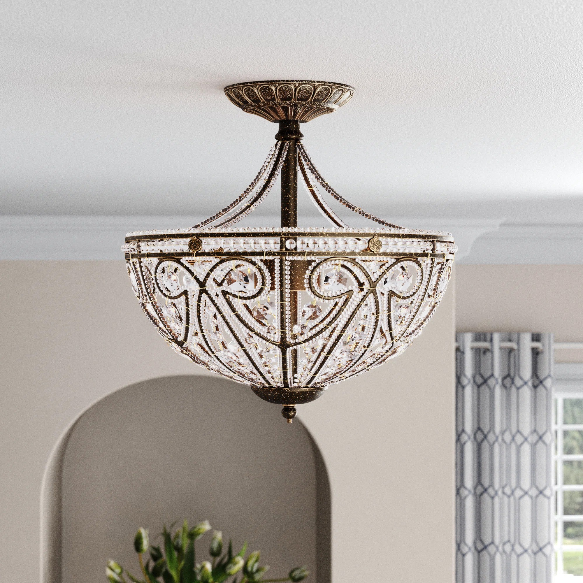 Ive Vintage Bronze Bowl 3-Light Crystal Semi Flush Ceiling Light