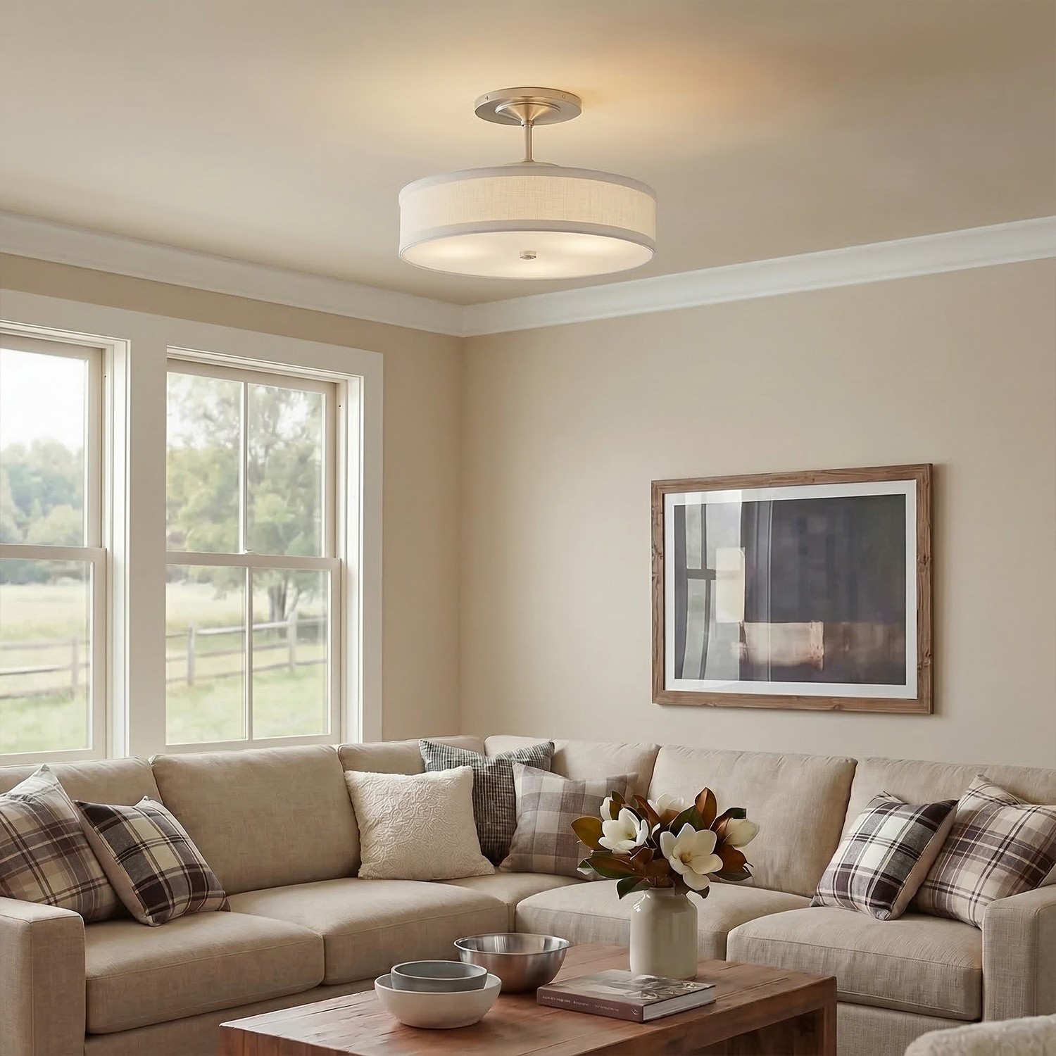 Delaney Rustic Fabric Drum Semi-Flush Mount Ceiling Light