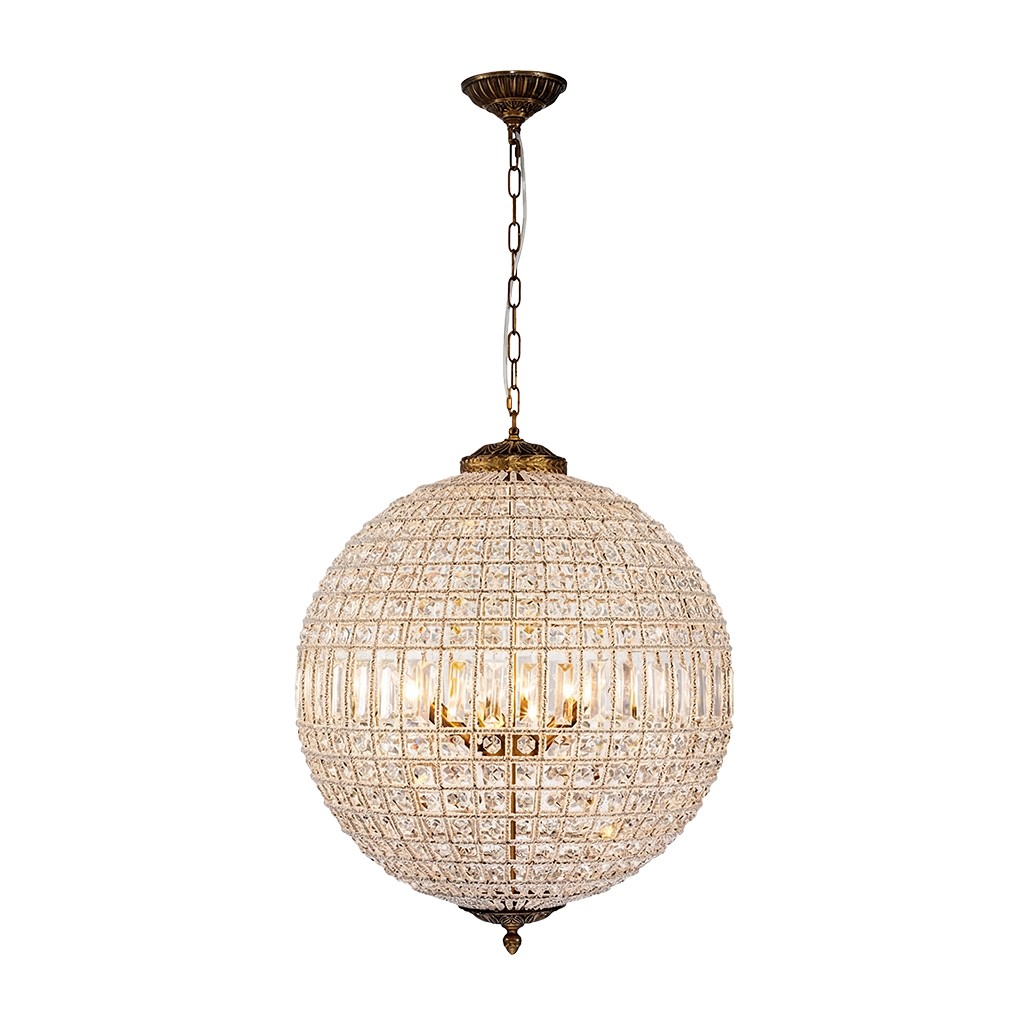 Dion Luxury French Antique Brass Crystal Globe Chandelier