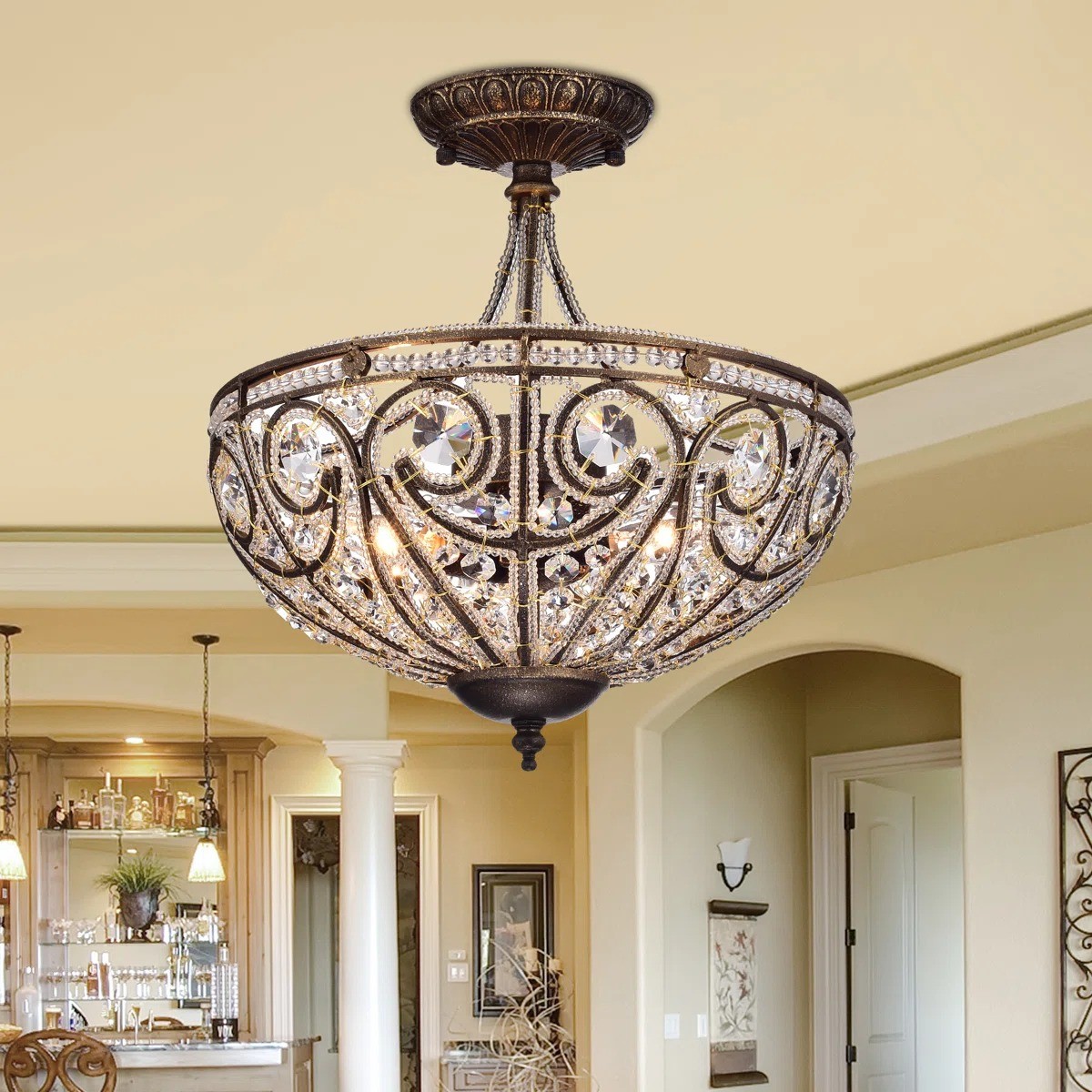 Ive Vintage Bronze Bowl 3-Light Crystal Semi Flush Ceiling Light