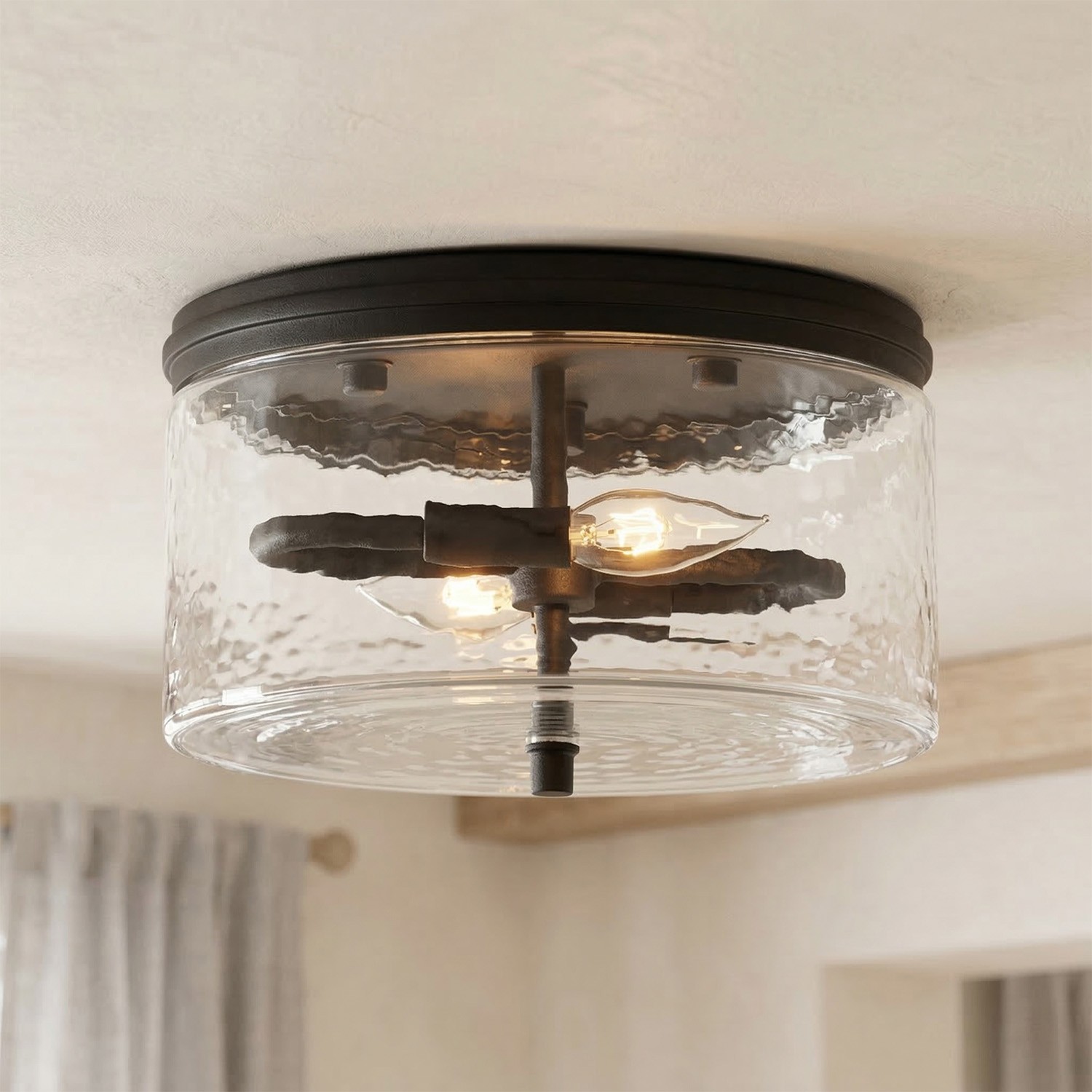 Quinlan Modern Black Drum Glass Flush Mount Ceiling Light