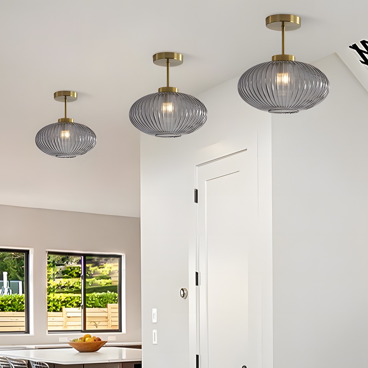 Jorik Natural Green Ribbed Glass Oval Ceiling Light