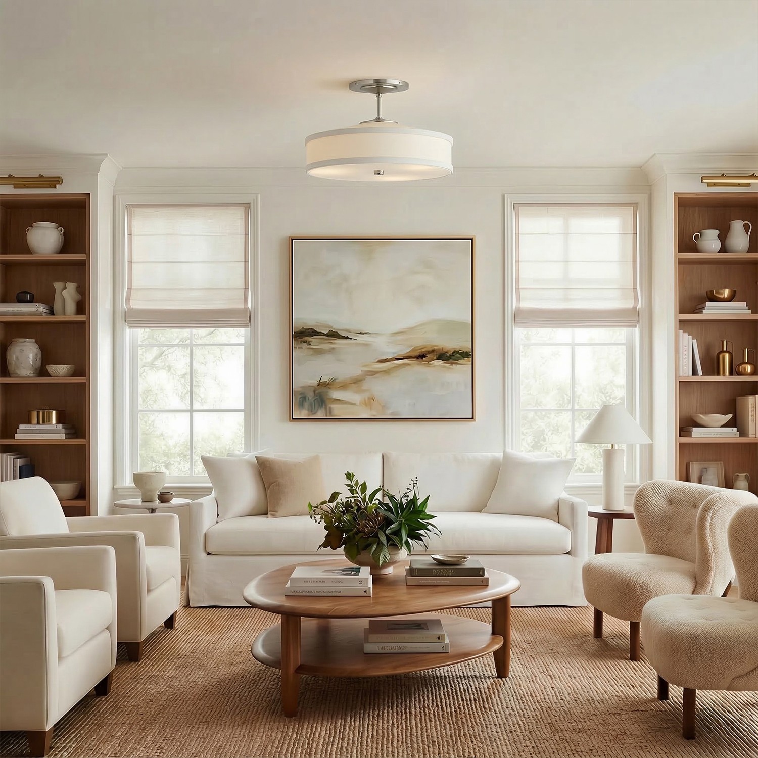 Delaney Rustic Fabric Drum Semi-Flush Mount Ceiling Light