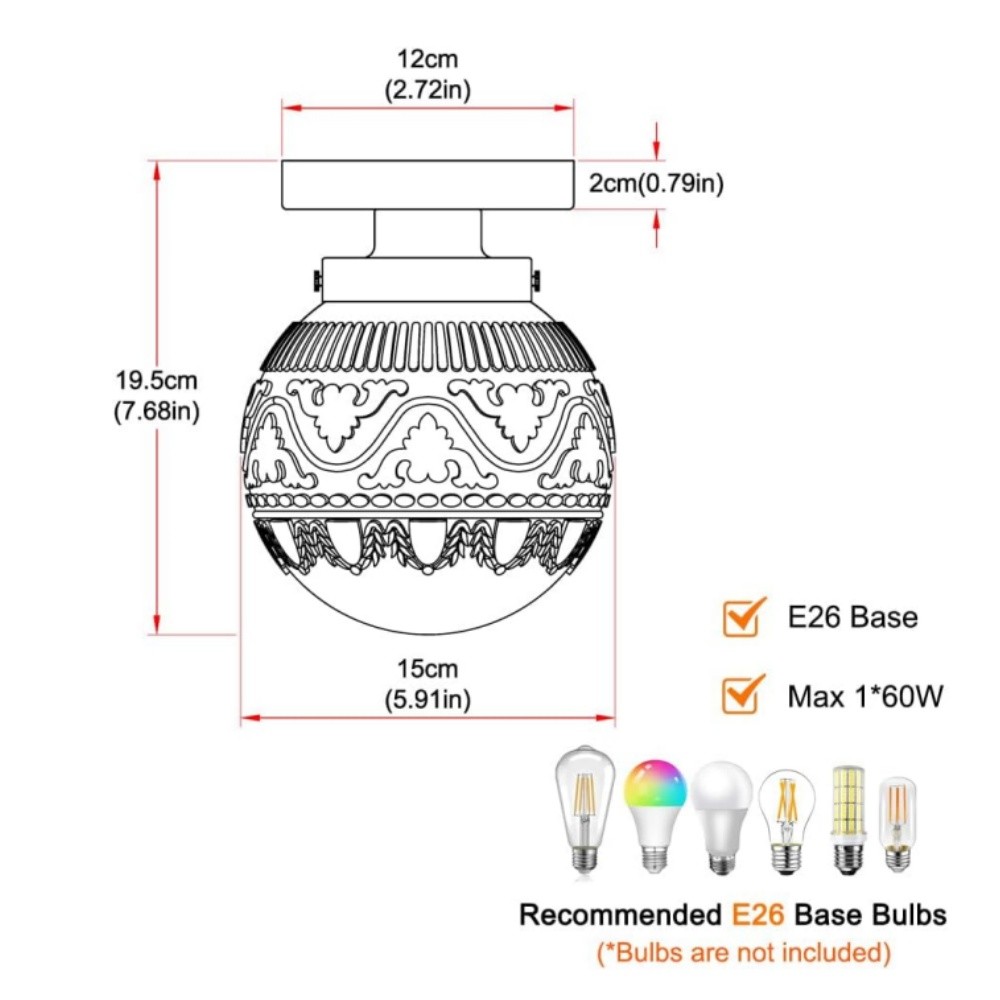 Ixionis Vintage Engraved Pattern Globe Glass Flush Mount Ceiling Light
