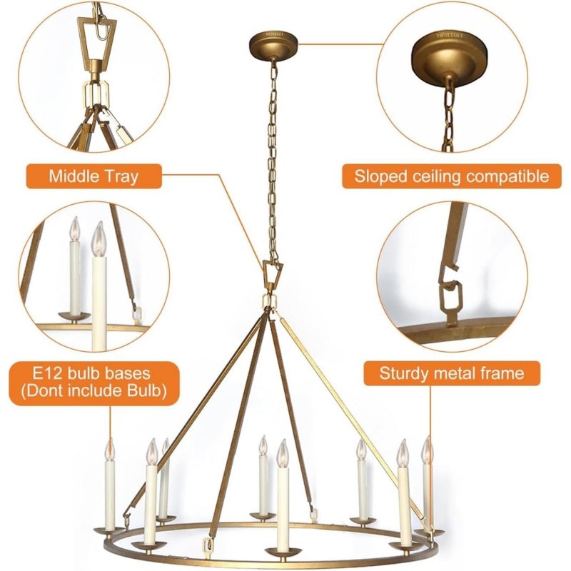 Jock French Gold Wagon Wheel Candle-Shaped Metal Chandelier