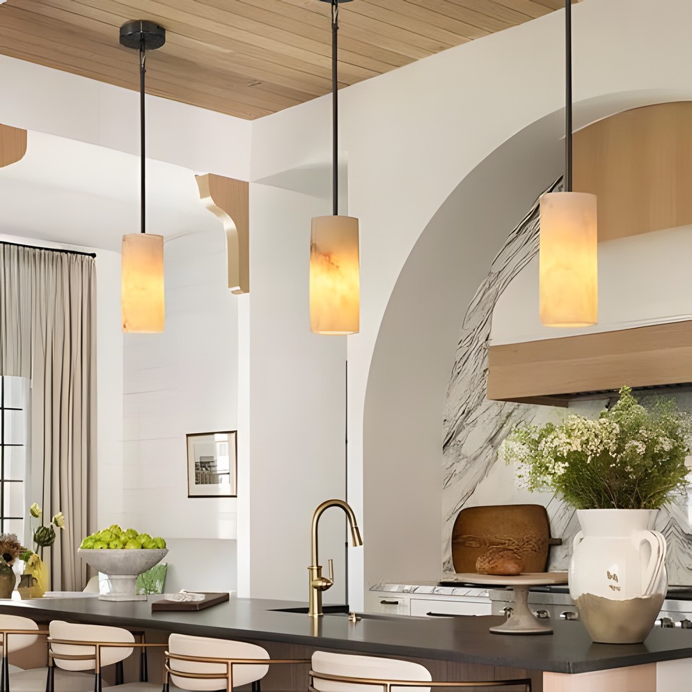 Modern Hand Carved Alabaster Cylinder Pendant Light