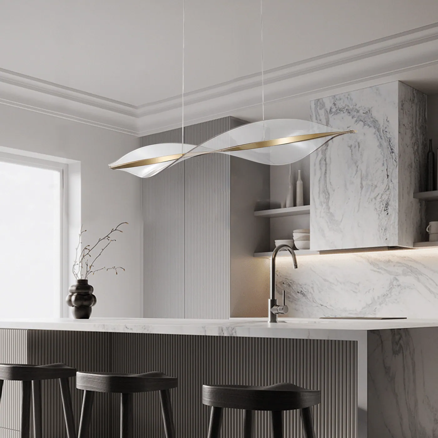 Delfino Nordic Gold Wave Led Acrylic Linear Chandelier