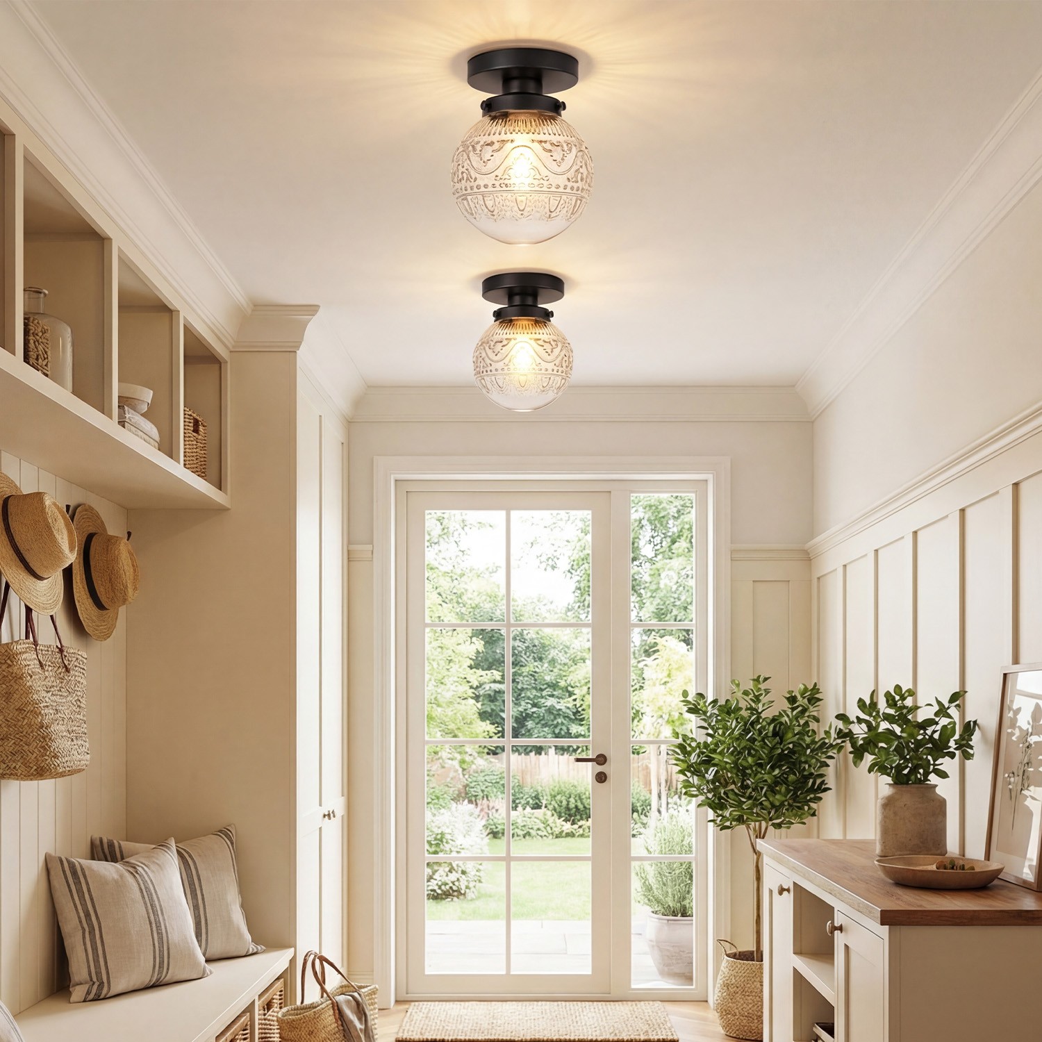 Ixionis Vintage Engraved Pattern Globe Glass Flush Mount Ceiling Light