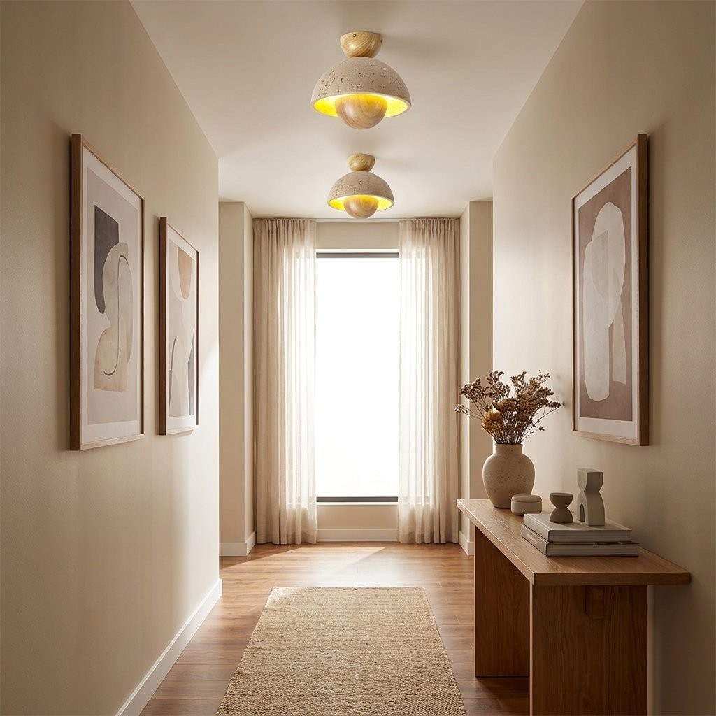 Elrick Mid-Century Travertine Wood Dome Ceiling Light