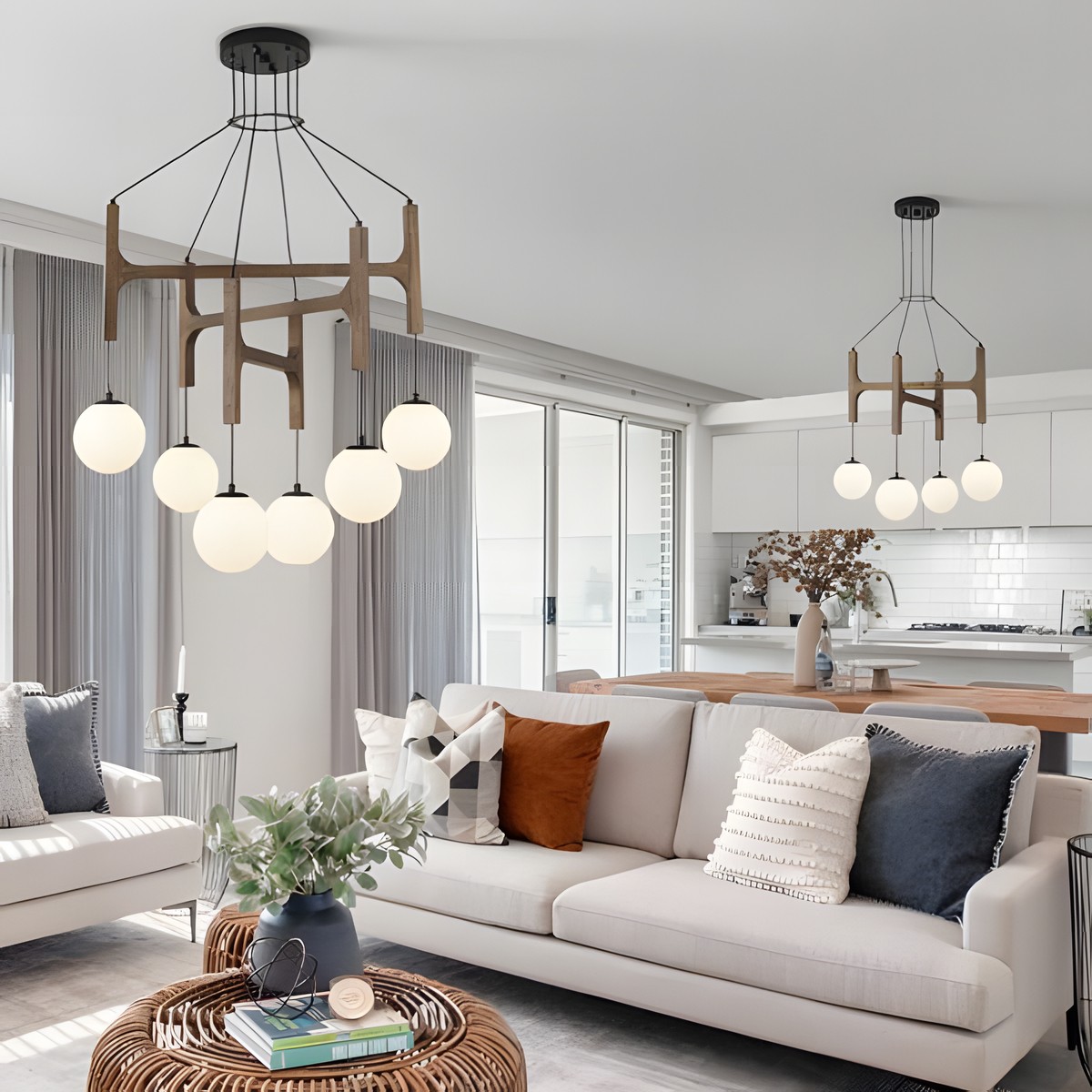 Astraea Farmhouse Wooden Branch Milk Glass Globe Chandelier