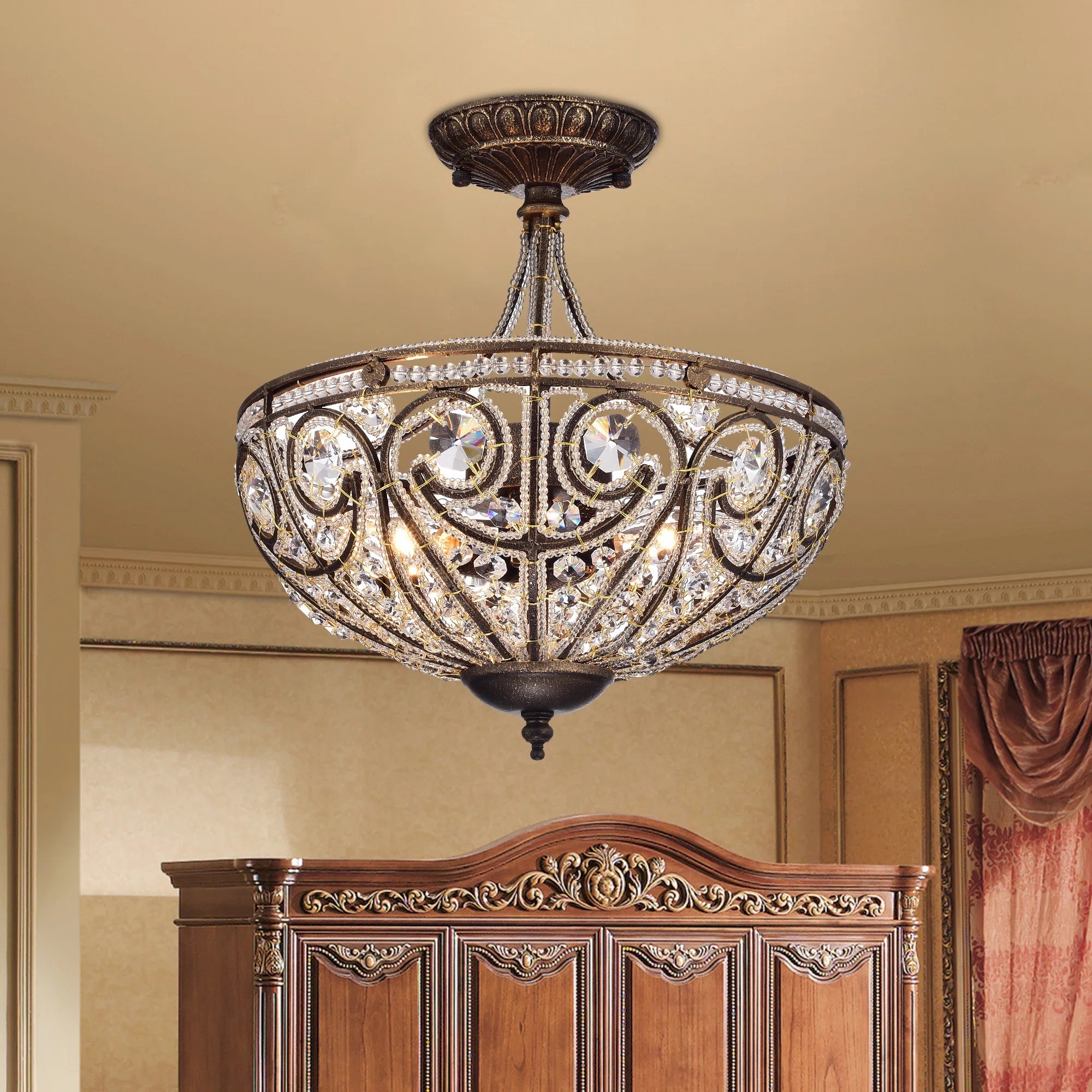Ive Vintage Bronze Bowl 3-Light Crystal Semi Flush Ceiling Light