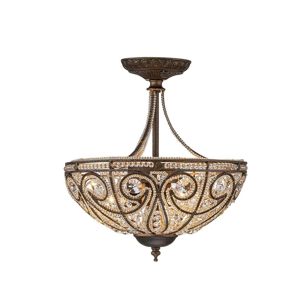 Ive Vintage Bronze Bowl 3-Light Crystal Semi Flush Ceiling Light