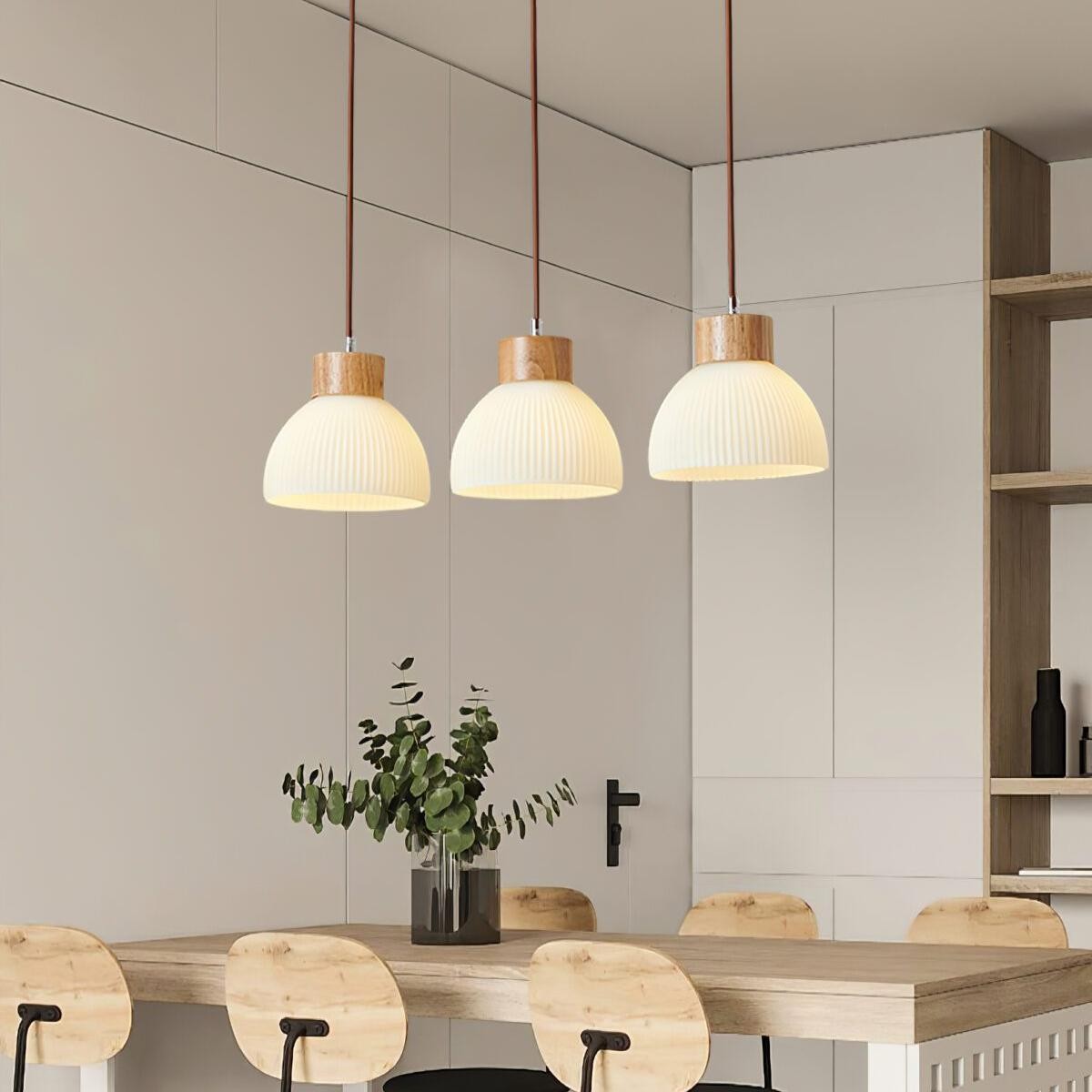 Tyrionth Wood Base 3 Light White Ribbed Glass Shade Pendant Light