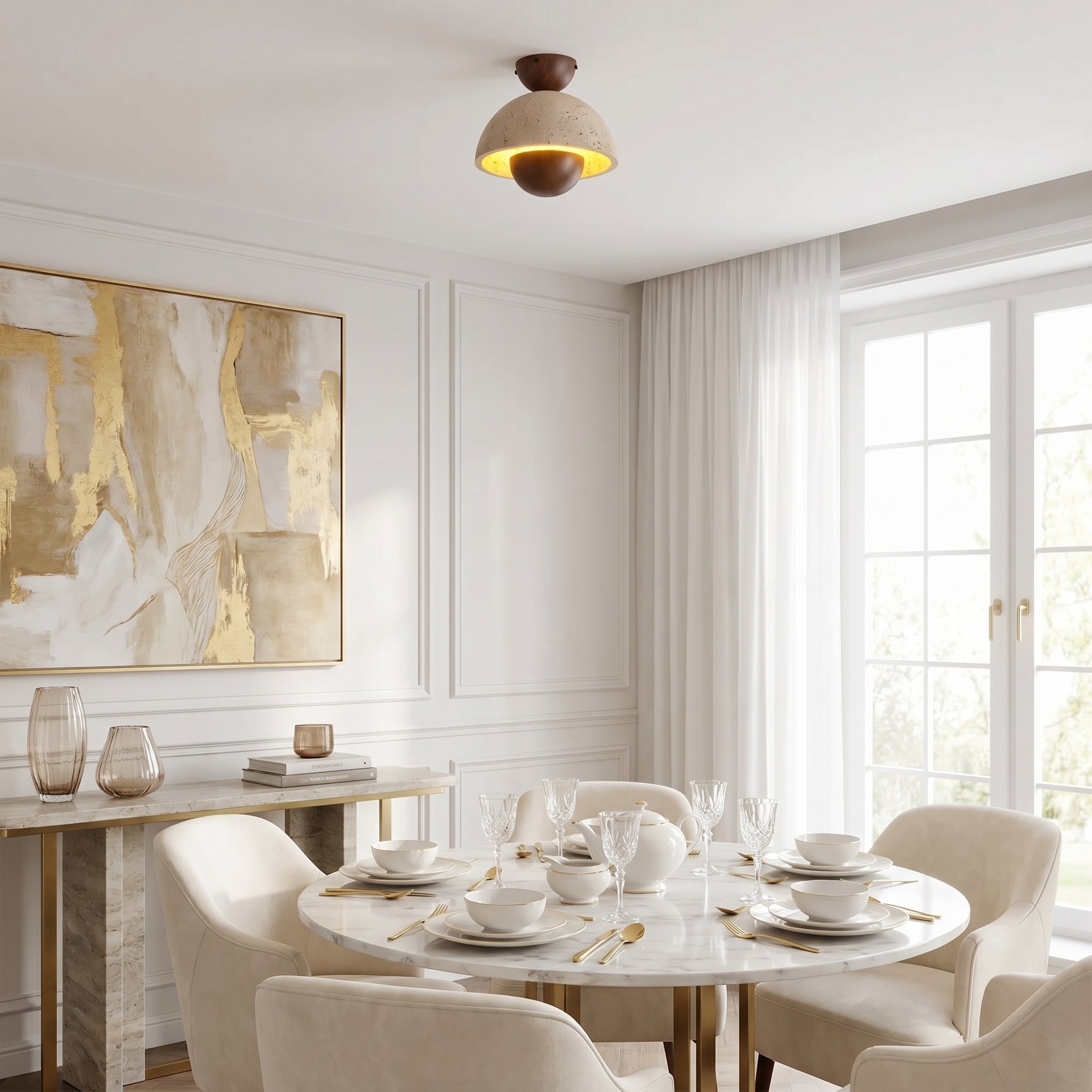 Elrick Mid-Century Travertine Wood Dome Ceiling Light
