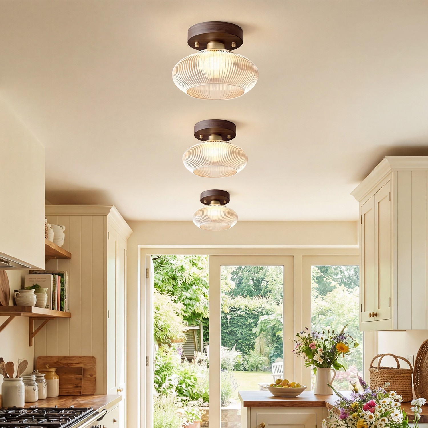 Caspian Retro Led Walnut Base Amber Fluted Glass Ceiling Light