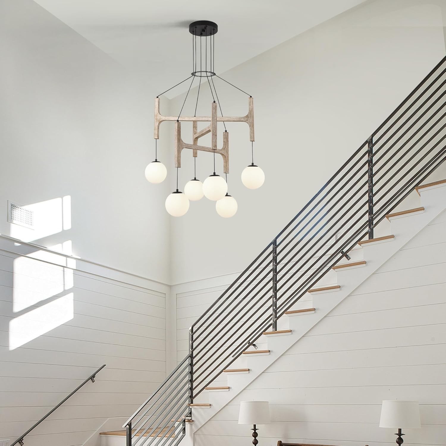 Astraea Farmhouse Wooden Branch Milk Glass Globe Chandelier