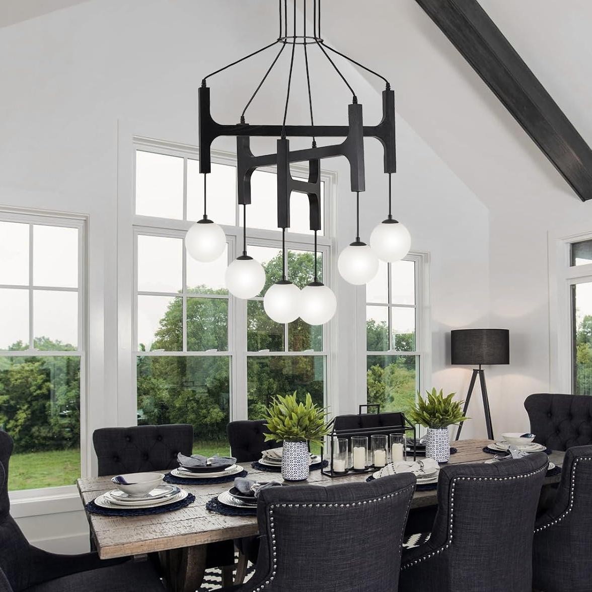 Astraea Farmhouse Wooden Branch Milk Glass Globe Chandelier