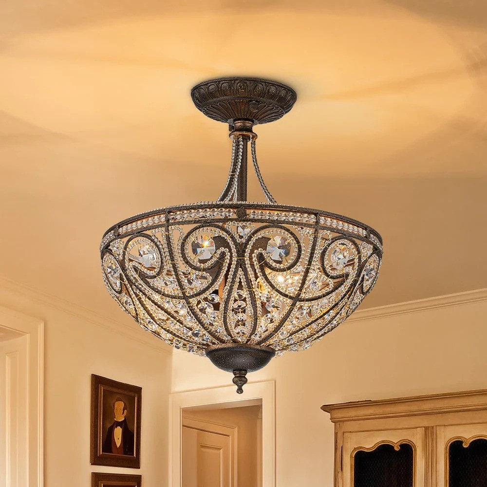 Ive Vintage Bronze Bowl 3-Light Crystal Semi Flush Ceiling Light