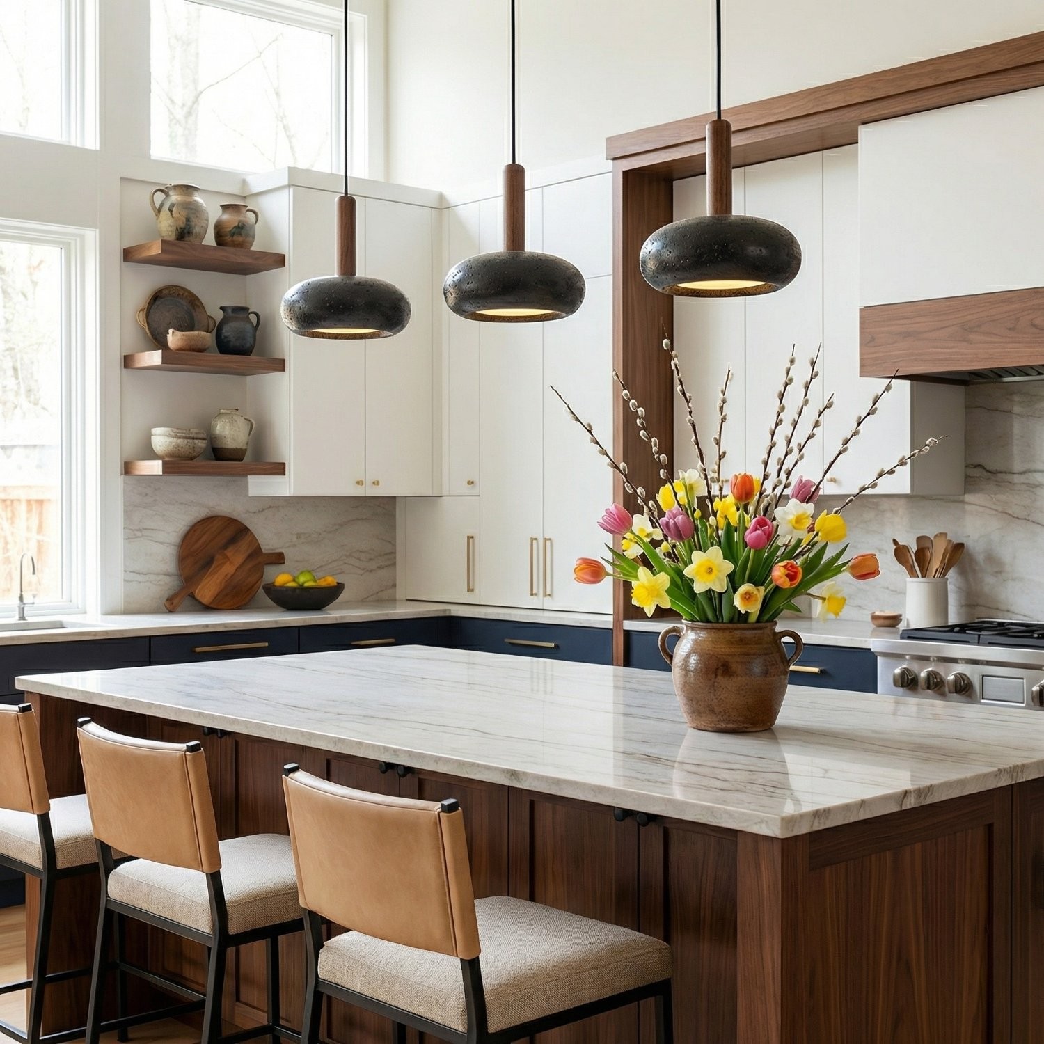 Carver Retro LED Travertine 3 Light Pendant Light