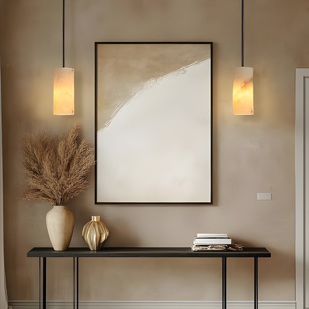 Modern Hand Carved Alabaster Cylinder Pendant Light